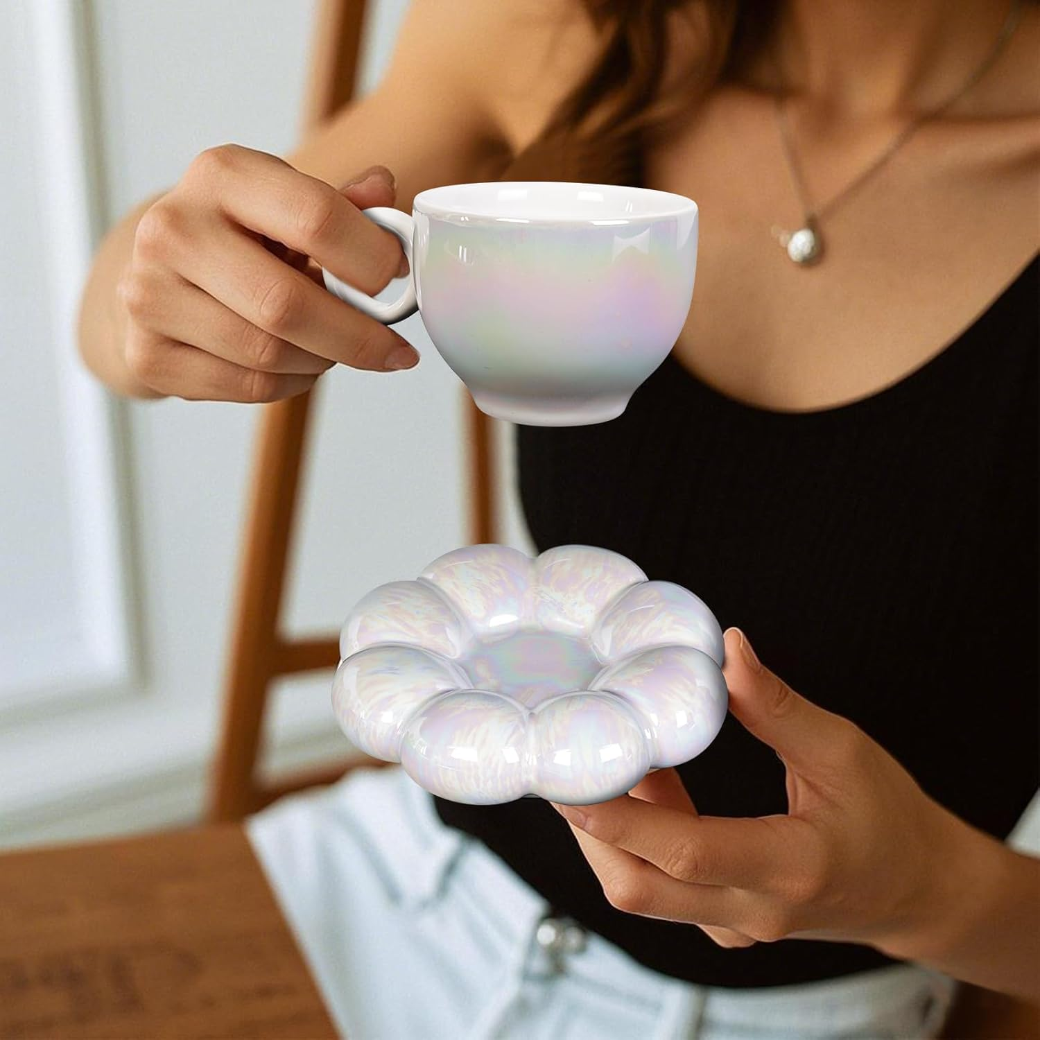 ARISKEY Cute Coffee Mug for Women,Tea Cup and Saucer Set with Spoon,6.5Oz/200Ml for Latte and Milk, a Warm Choice for Mother'S Love,Pearl White