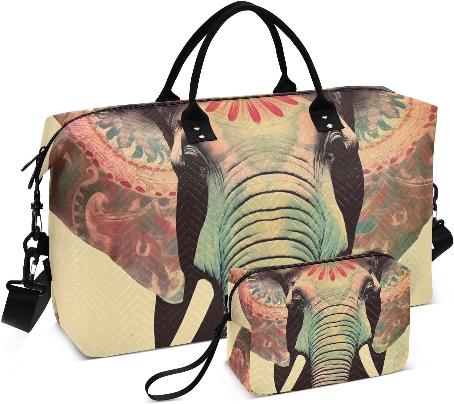 XYMZR Large Travel Duffel Bag, Boho Elephant Colorful Sports Tote Gym Bag, Shoulder Weekender Overnight Bag for Women Men, Carry on Luggage with Toiletry Bags, Multi-Colored, Multi-Colored image number 2