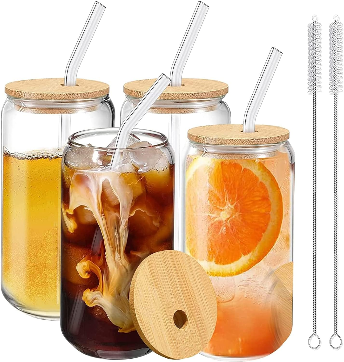 Drinking Glasses Cups with Lids and Straws，And Brushes - 16 Oz Mason Jar Cups Tumbler Cup - Set of 4, Includes Lids and Glass Straws - Perfect for Coffee, Smoothies, Candy，Kitchen，And More! image number 2