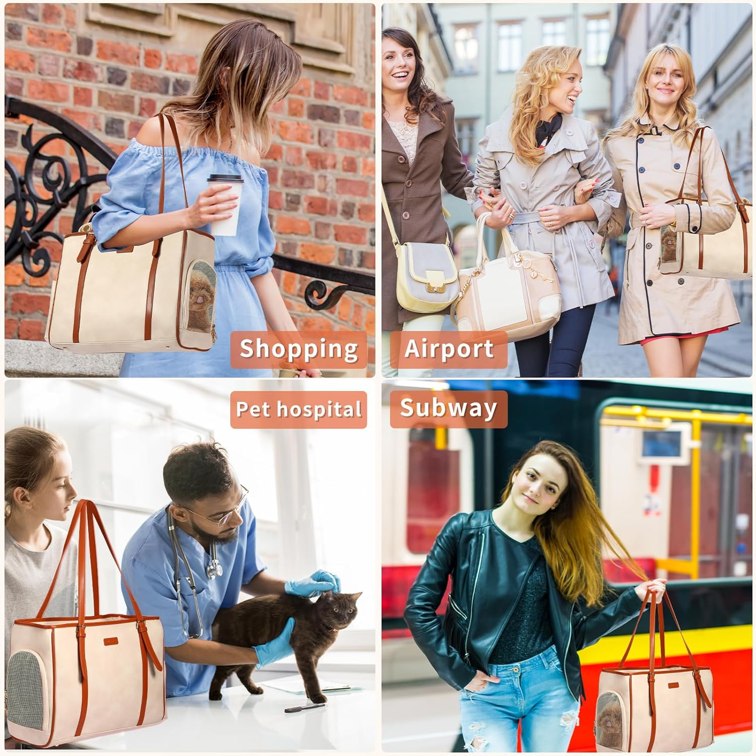 Lasaviin Fashion Dog Purse Pet Carrier Leather Bag for Small Dogs Cats Puppy, Portable Tote Bag Airline Approved Soft-Sided Carriers (Beign) image number 2