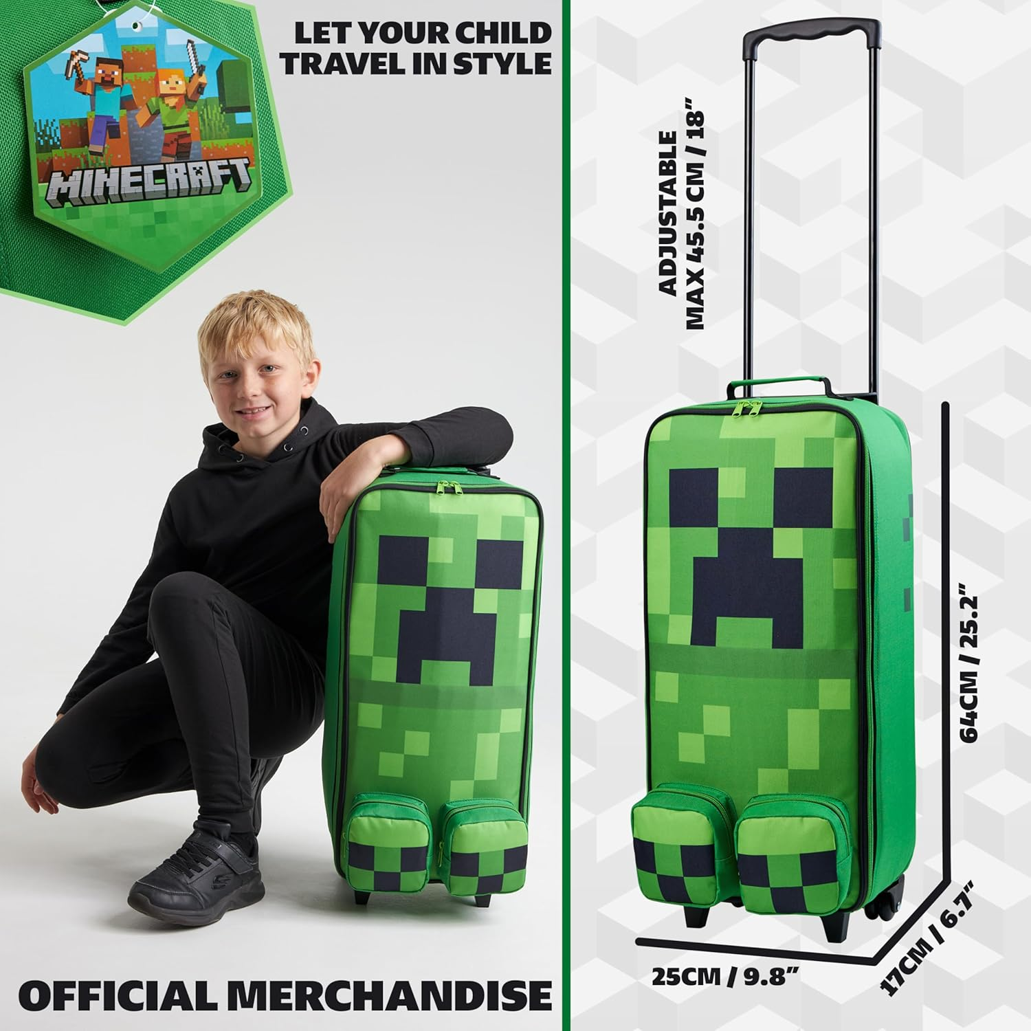 Minecraft Kids Foldable Trolley Bag, 25.2&rdquo; X 6.7&rdquo; X 9.8&rdquo;, 4 Wheels Kids Suitcase