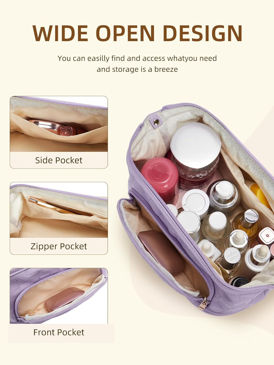 DDPOND Makeup Bag Large Capacity Travel Cosmetic Bags Double Layer Portable Leather Make up for Women (Apricot - Square) - 1 - Beige With Brown image number 6