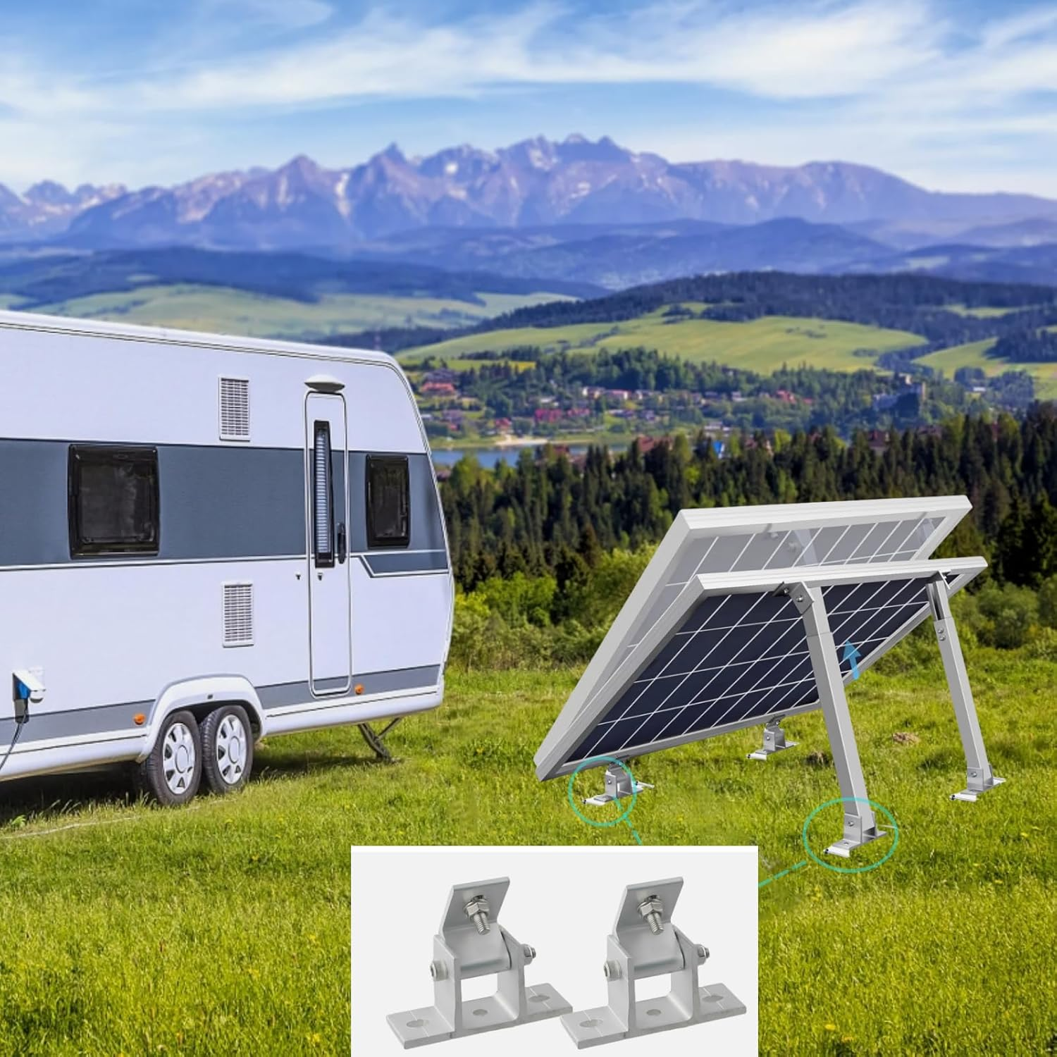 KUGONTC 4Set Adjustable Solar Panel Tilt Mount Bracket Base, Tilt Angle 10&deg;-60&deg; Flat Roof Mount Holder, RV Solar Panel Mounts Clamp, Solar Panel Roof Panel Stand