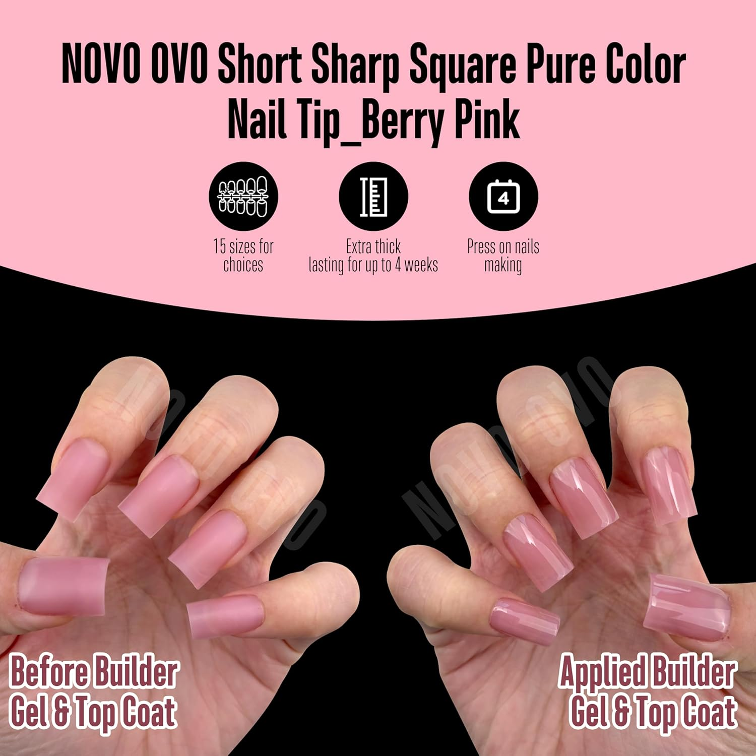 NOVO OVO Short Sharp Square Nail Tips Press on Pure Colour Berry Pink, Requires Nail Glue, Matte Soft Gel Artificial Nail Extension, Full Cover Nails for DIY, 15 Sizes, 240 Pieces