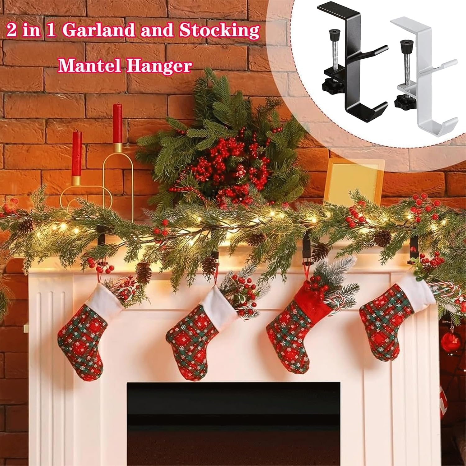 Fireplace Stocking and Garland Hanger, 2 in 1 Garland Stocking Hangers, Christmas Hooks Stocking Holders for Mantle Garland Hanger Mantle Hooks for Home Party Decoration (Black, 6Pcs) image number 3