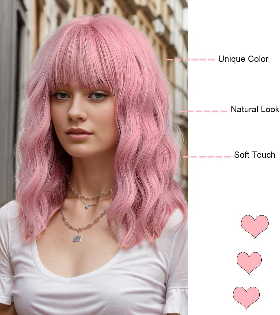 24 Inches Women Girls Short Curly Synthetic Wig with Bangs Lovely Pink image number 5