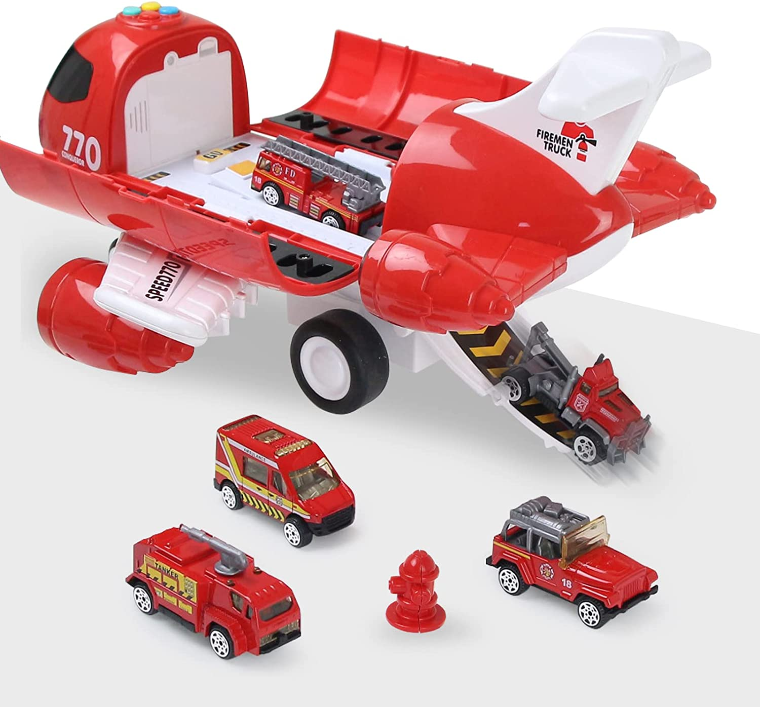 Hapavis Airplane Toys with Light and Sound Fire Trucks Set Transport Cargo Airplane Car Toy Play Set with Vehicle Car Toy