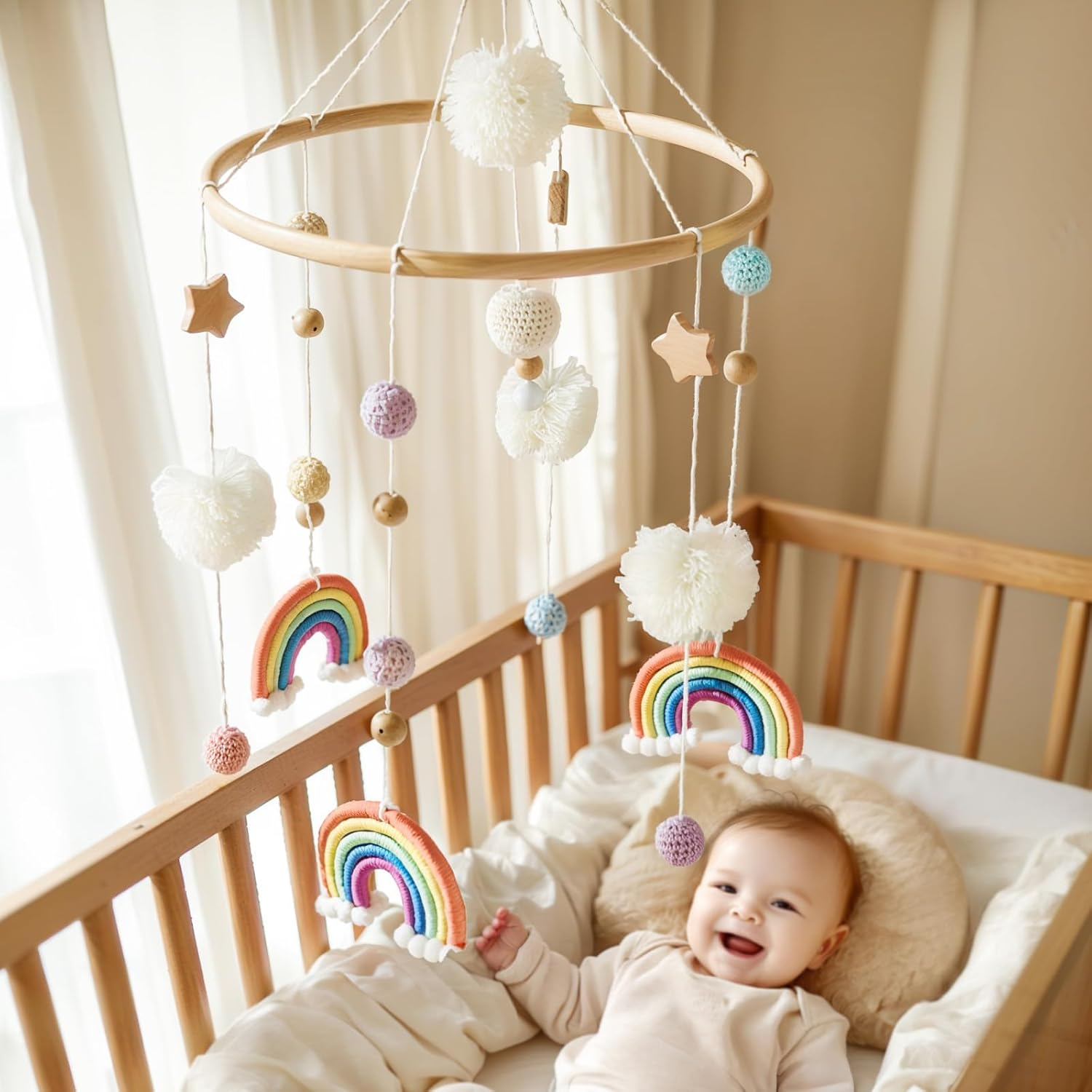 Rainbow Baby Mobile Baby Bed, Mobile Changing Table, Mobile Baby Wooden Wind Chime, Mobile Baby Wind Chimes with Felt Balls, Baby Wind Chime Nursery Decoration, Newborn Gift Baby Boys (Red) image number 2