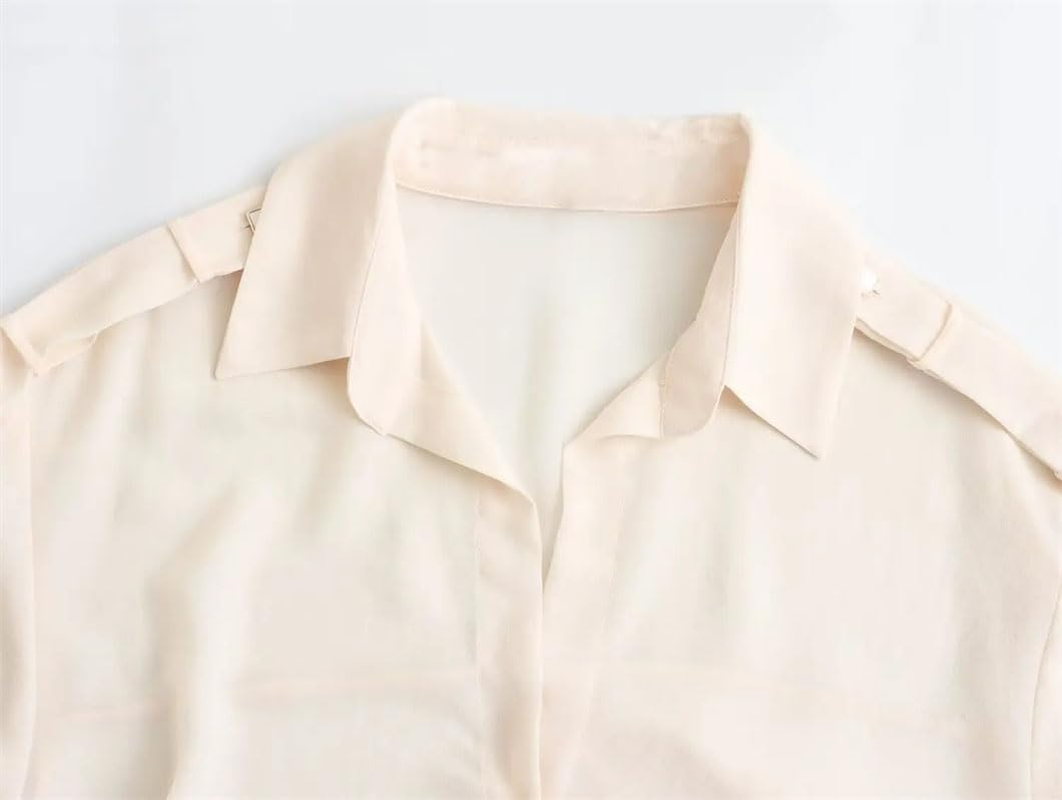Women'S Long-Sleeved Shirt with Shoulder Straps Solid Casual Loose Fit Blouse Button down Tops
