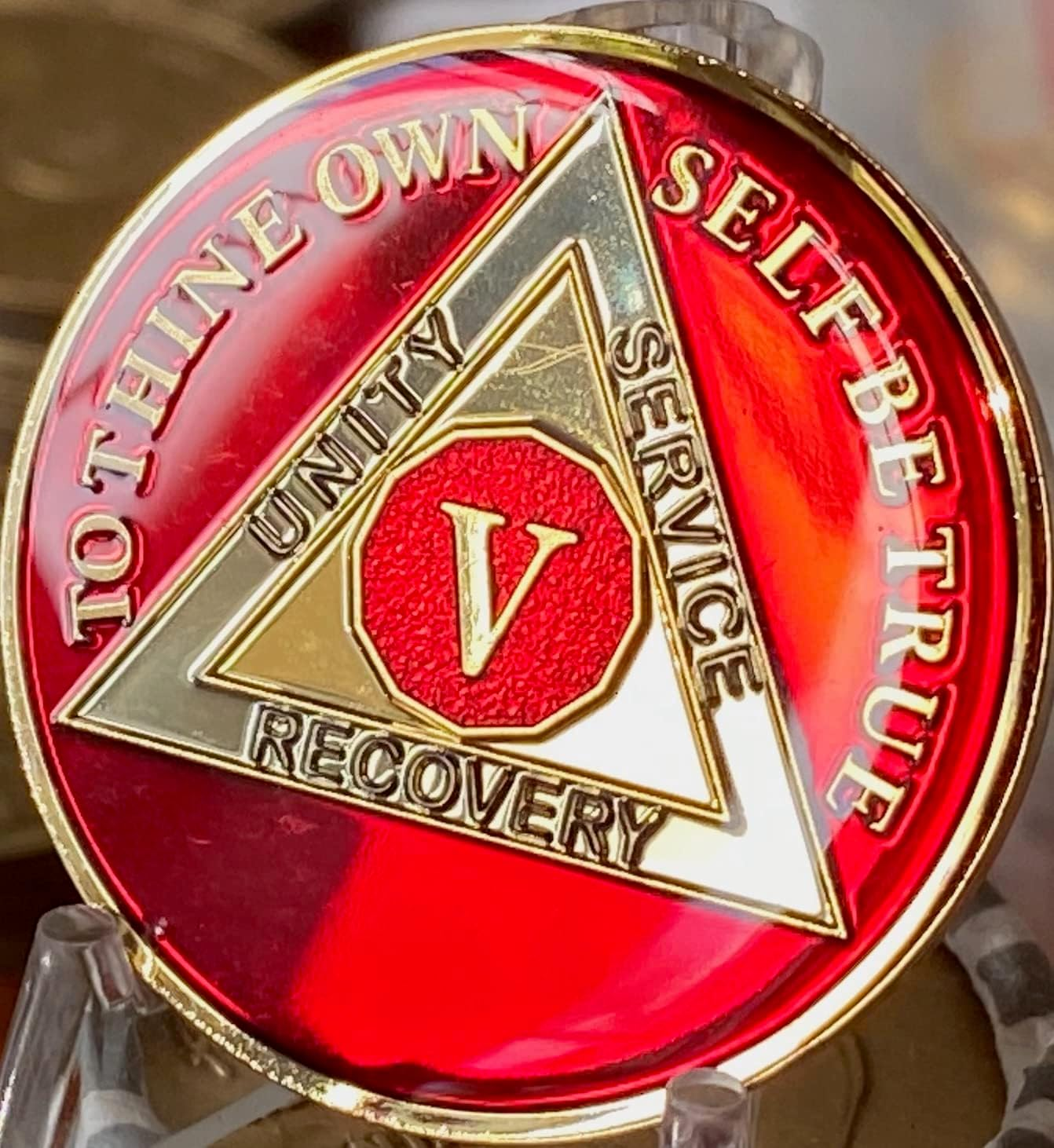 5 Year AA Medallion Metallic Mandarin Red Sobriety Chip, Brass image number 5