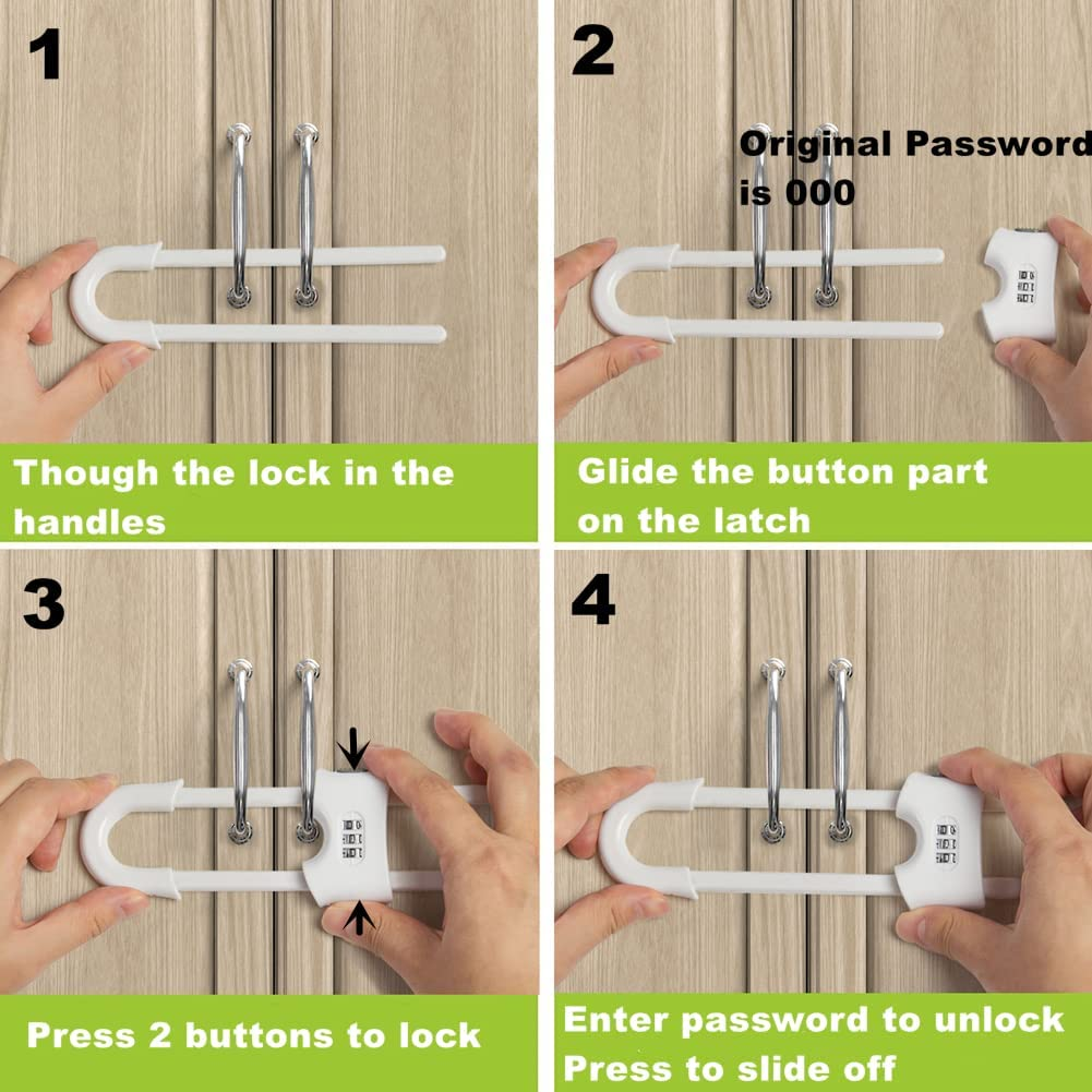 Child Proof Sliding Cabinet Door Code Locks Baby Safety Cupboard Locks Adjustable U Shaped Cabinet Latches for Knob Handle Drawers Closet (4 PCS, White) image number 6