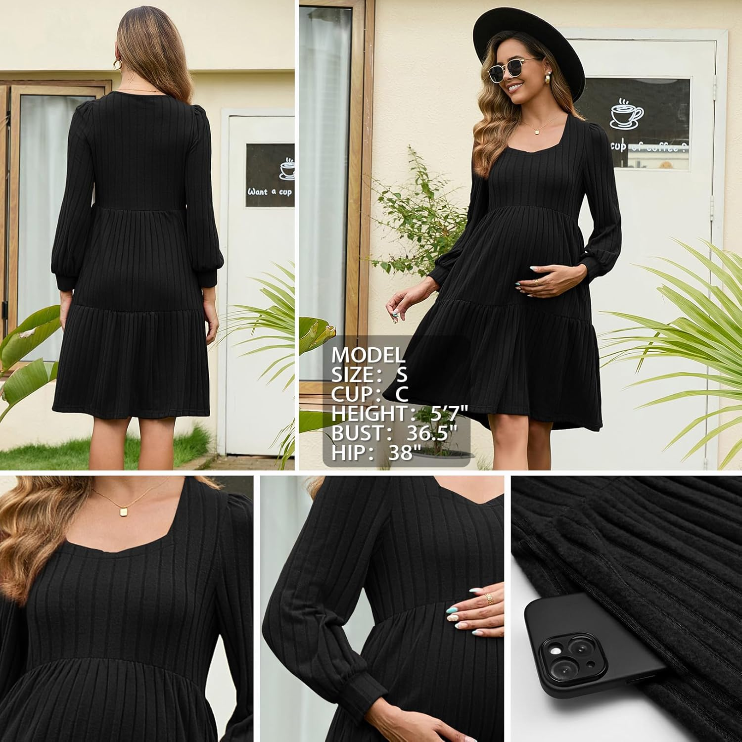 GINKANA Womens Maternity Sweater Dress Square Neck Long Sleeve Fall Casual Pregnancy Babydoll Knit Dresses with Pocket image number 5