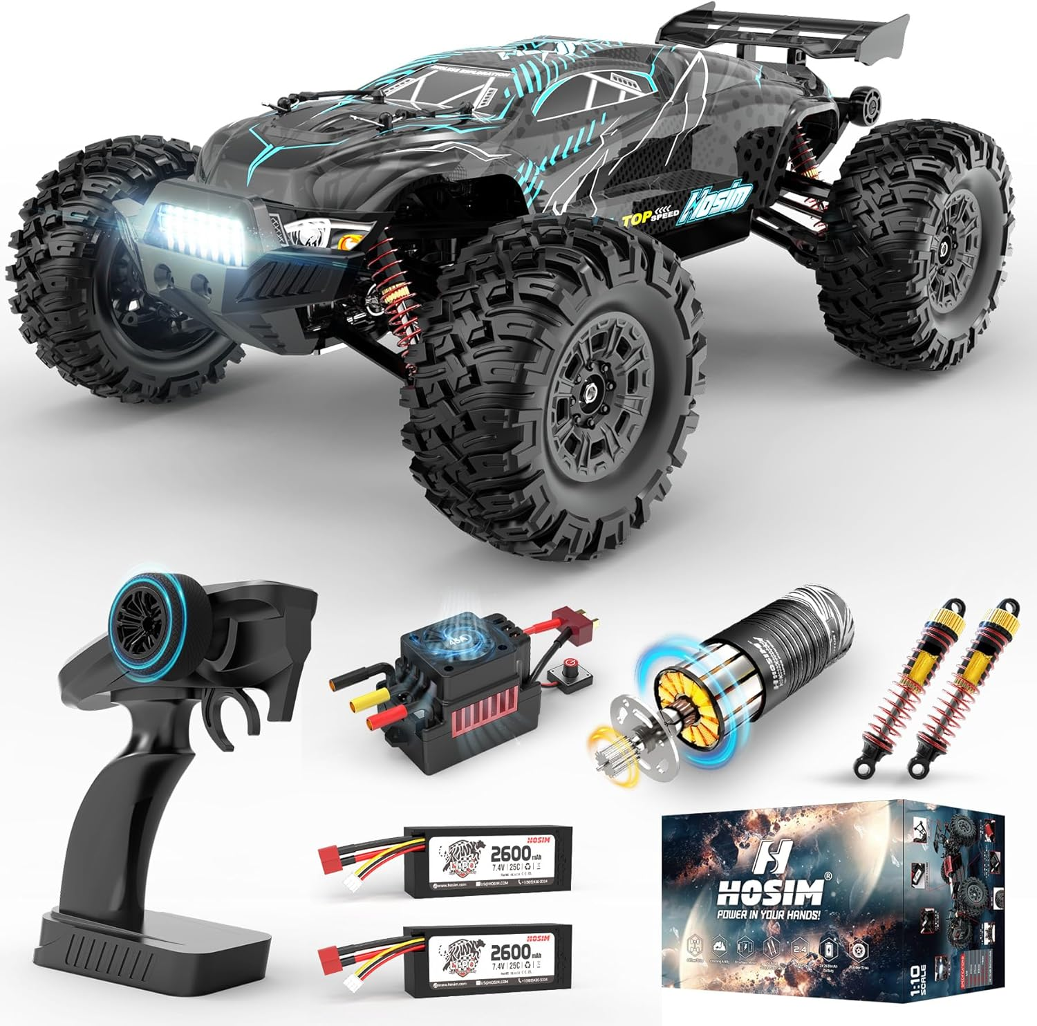Hosim 1:10 Brushless RC Car for Adults 68+Km/H, 2 Pack 2600 Mah Batteries Fast Remote Control Car, 4WD All Terrain Rc Truck off Road Waterproof Hobby Grade Large Racing Buggy Toy Gift Monster Trucks