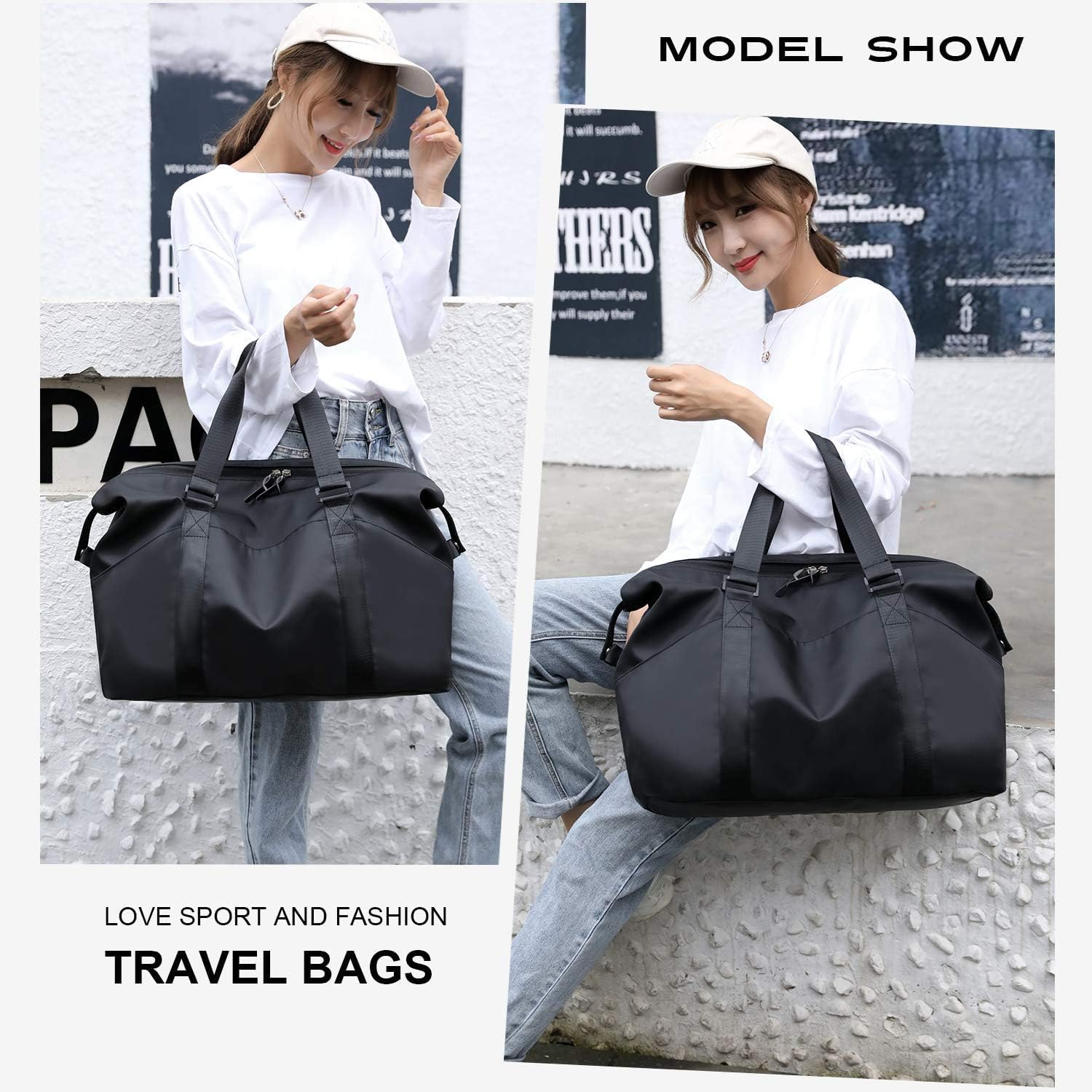 Sports Gym Bag for Women, Duffle Bag with Wet Pocket Compartment, Personal Item Travel Workout Bag (Black) image number 2