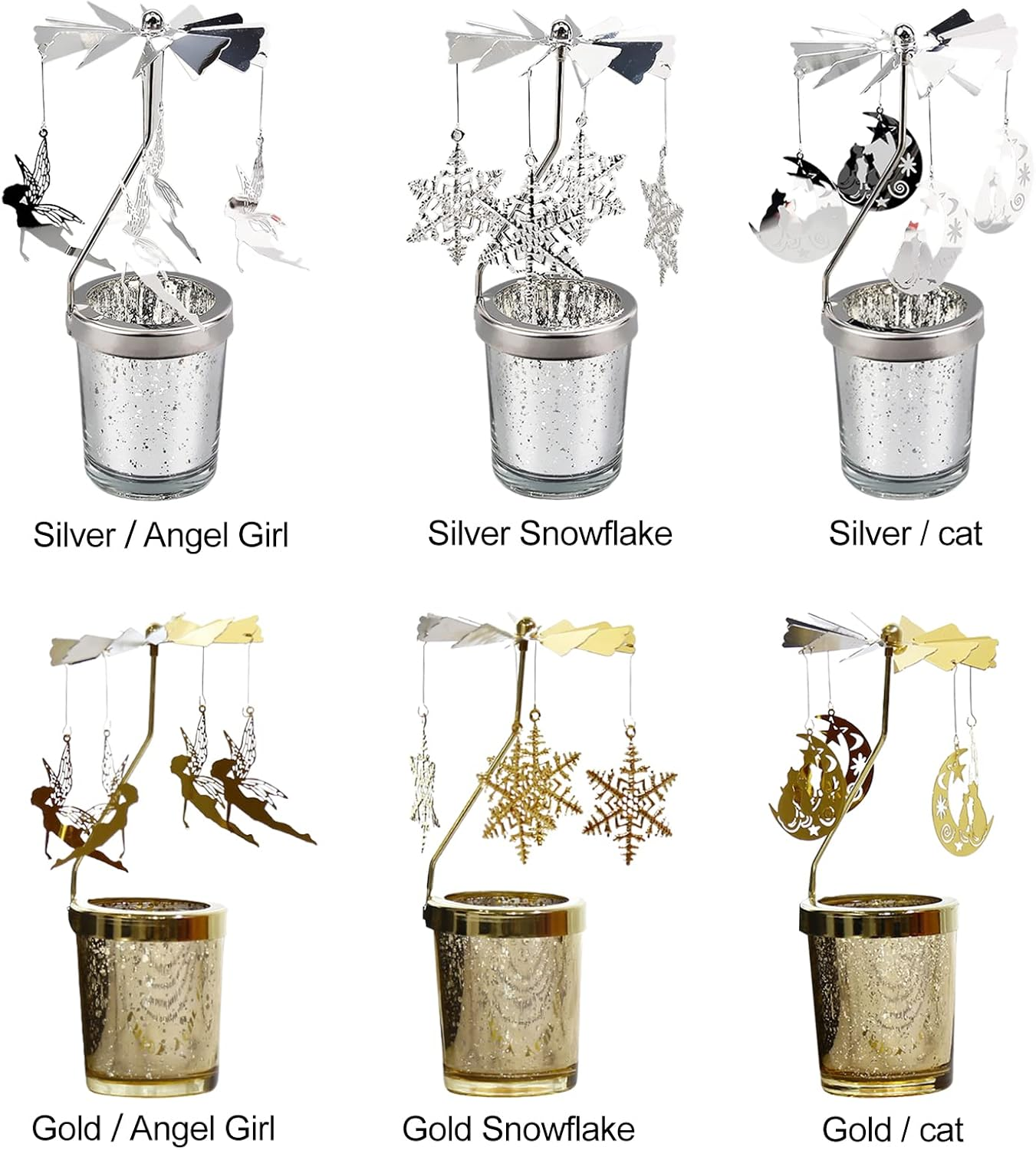 HYLOOD 7X3X2In Carousel Rotary Candle Holder Metal Spinning Tea Lights Candle Holder Rotary Glass Tealight Candle Holders Rotating Tea Candle Holder for Wedding Fireplace Home Decor, Silver image number 3