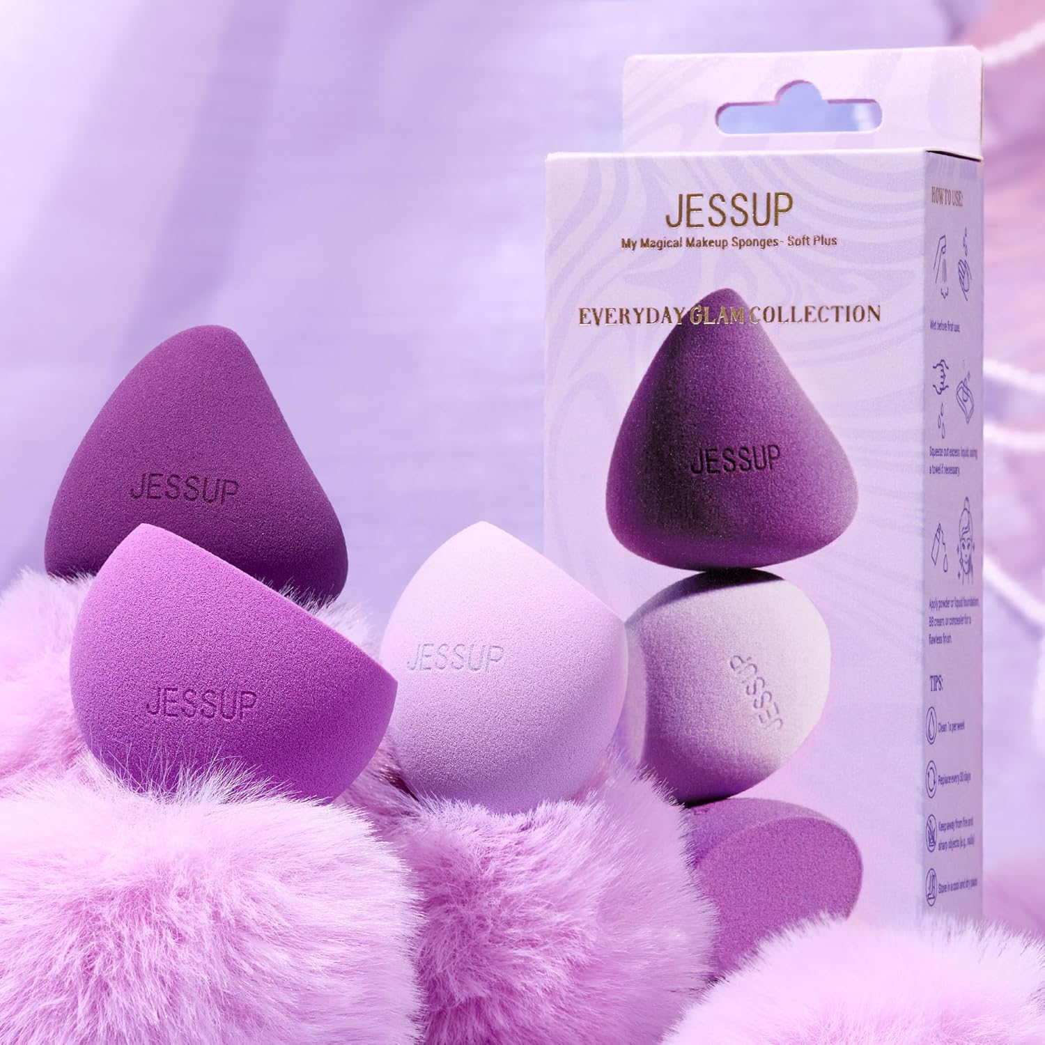 Jessup Makeup Sponge Set, 3Pcs Make up Sponges for Face Foundation Concealer Contour and Blusher, Purple SP017 image number 4