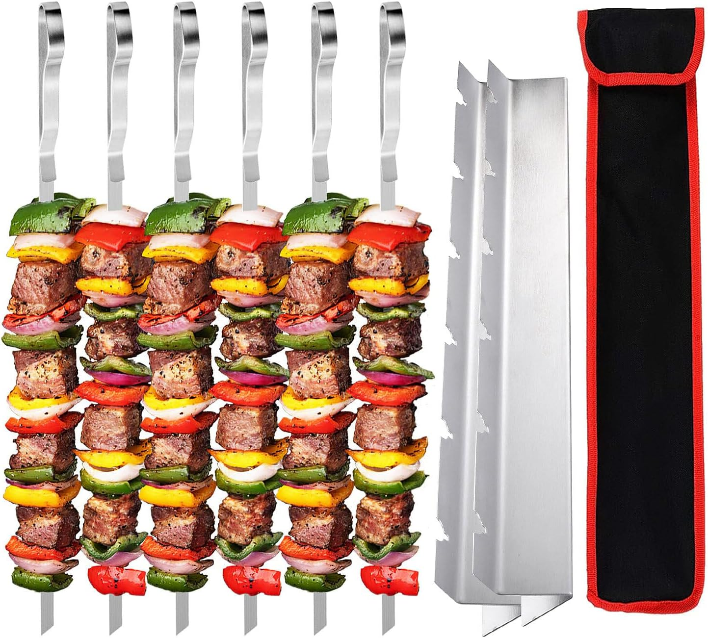6 Pack BBQ Skewer Rack Set, Stainless Steel Kabob Skewers Holder with 2 Pcs Skewers Holder for Meat, Vegetables and Vegan Barbecue Grilling Accessories 41.5Cm image number 4