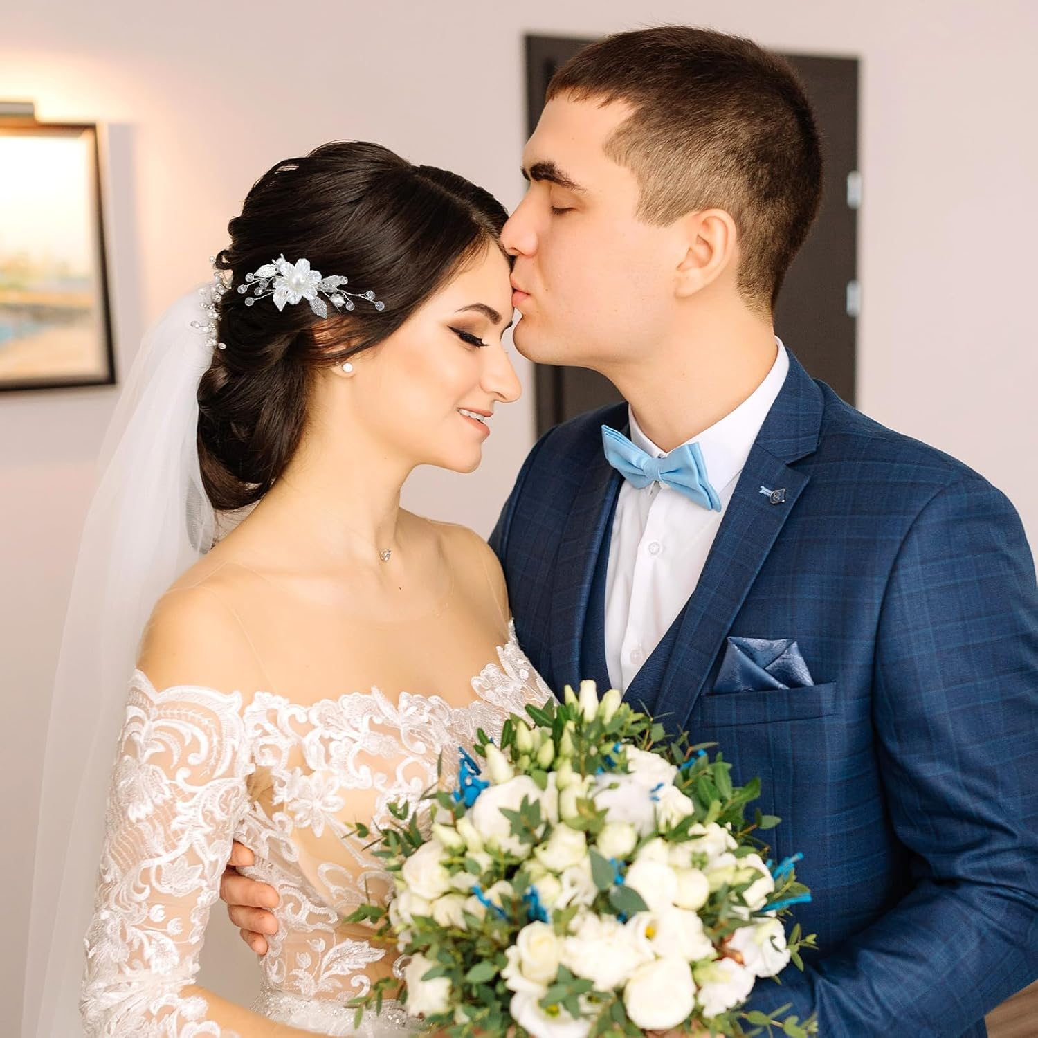 Flower Hair Clips for Women, 2PCS White Flower Clips Silver Leaf Vine Floral Girl Hair Accessory, Pearl Hair Accessories for Brides and Wedding Women image number 4