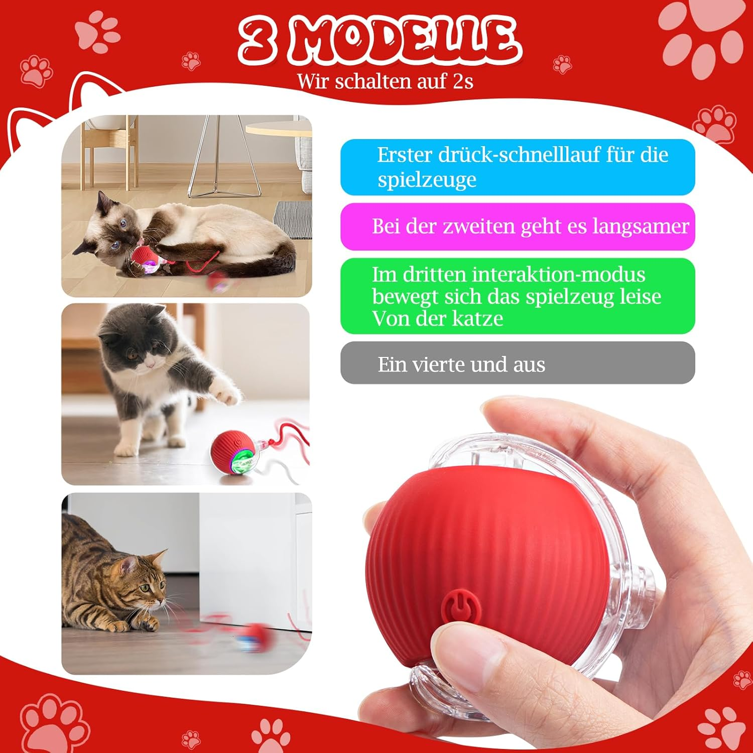 Interactive Cat Toys for Indoor Cats - Interactive Puppy Toys Ball with Tail,Realistic Bird Chirping,Smart Obstacle Avoidance and Auto Restart,Cat Puzzle Toys for Bored Indoor Adult Cats&Dog (Red) - Red image number 6