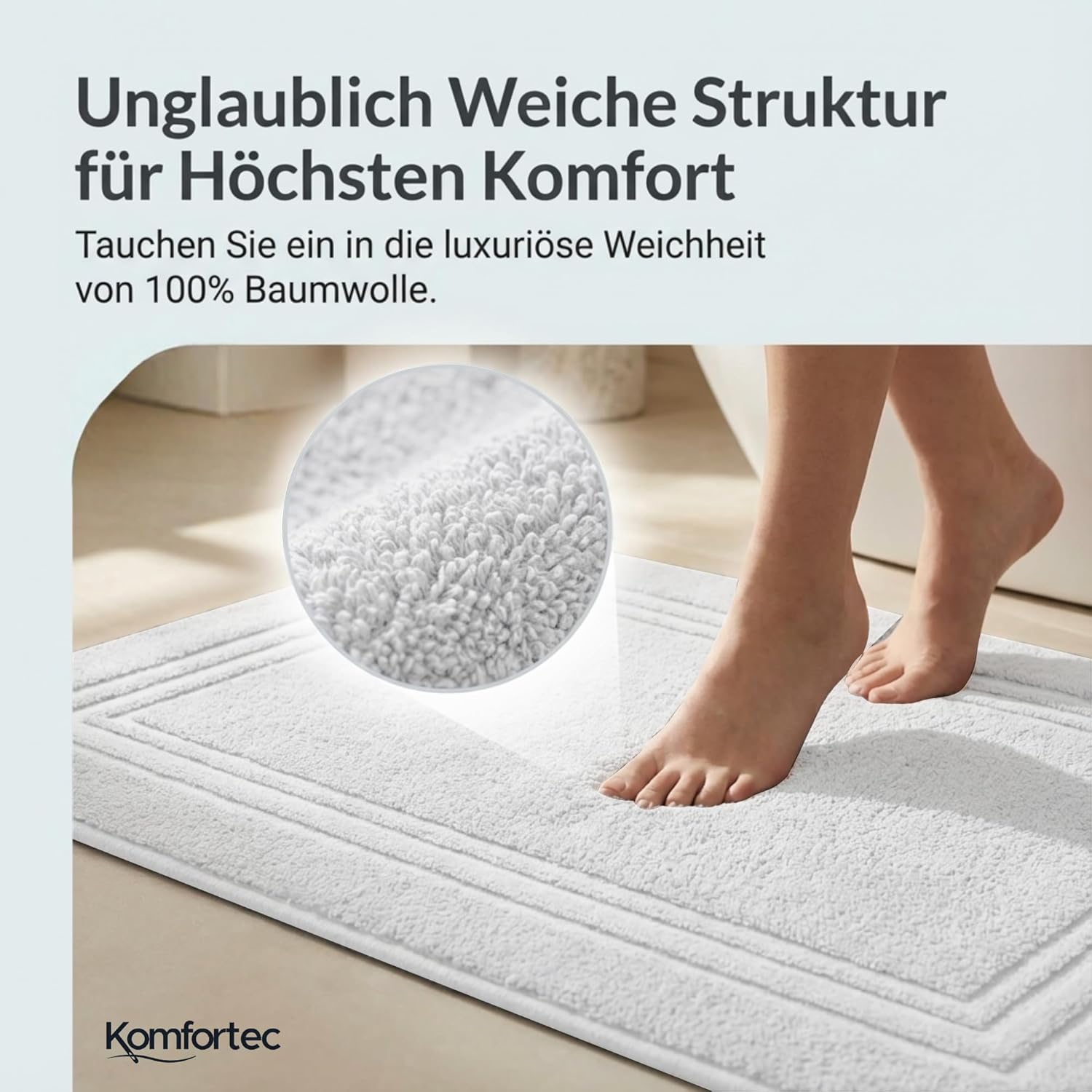 Komfortec Bath Mat Set, 2 Pieces, Terry Cloth Shower Mat, Washable Shower Mat & Bath Mat, 600 G/M&sup2; & 100% Cotton, Absorbent & Quick Drying, 50 X 70 Cm, White image number 6