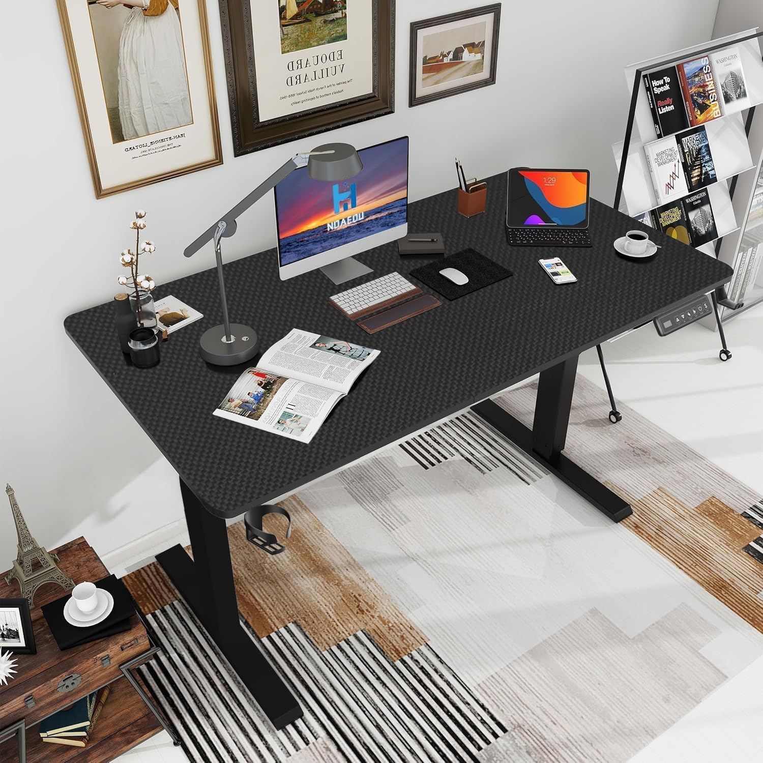 NOAEOU Electric Height Adjustable Standing Desk, 55In X 23.6In Large Sit Stand up Computer Table Workstations for Home Office (Black Carbon Fiber Veneer) image number 1
