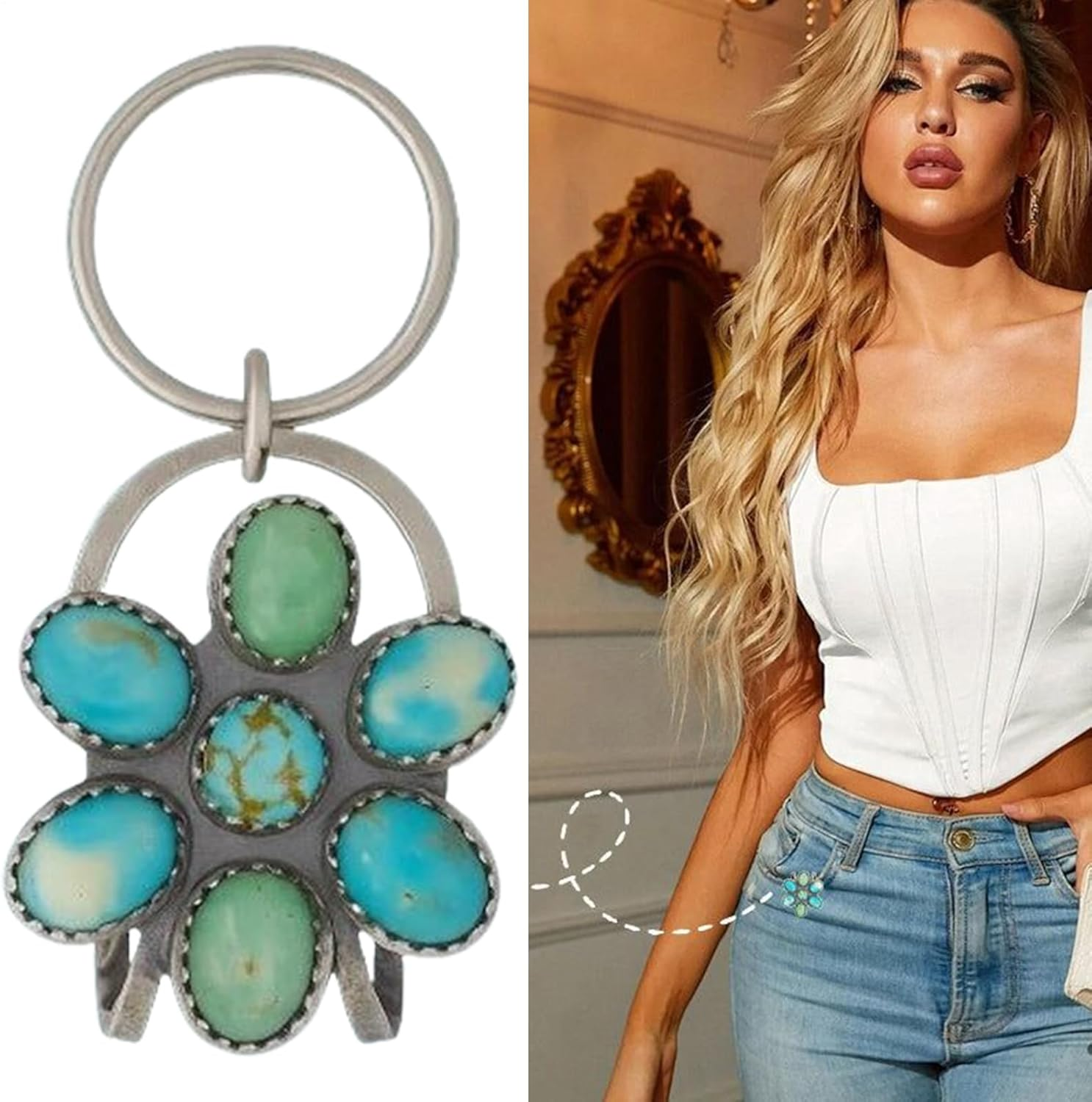 Turquoise Bag Clip for Purse | Bohemian Key Ring with Clip,Women Bag Accessory for School Desk Travel Daily Offices Car Jeans Birthday Party image number 4