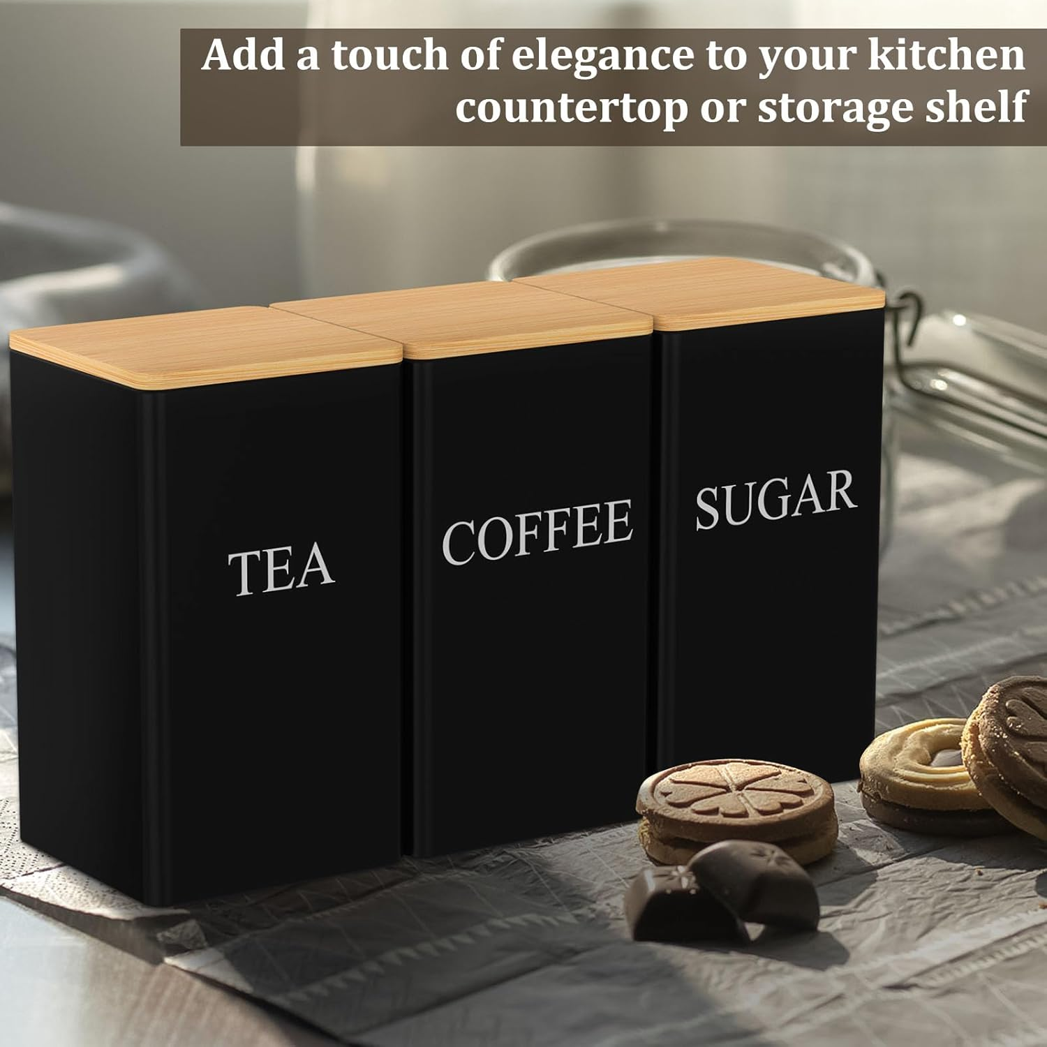 Tea Coffee Sugar Canister 1000 Ml Metal Coffee Tea Sugar Container with Airtight Bamboo Lid and Name Marker Food Storage Containers Jars for Coffee Sugar Tea Black Container Sets (Black) image number 6