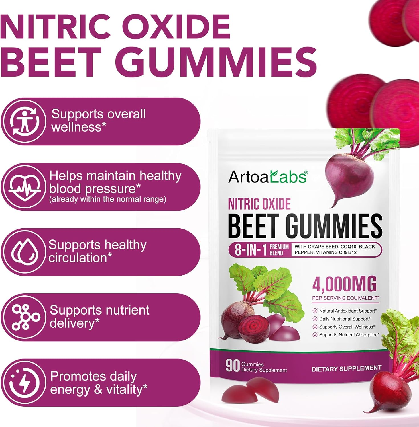 Nitric Oxide Beet Gummies | 8-In-1 Premium Blend with Grape Seed, Coq10, Black Pepper, Vitamins C & B12 | 4000Mg Equivalent per Serving | Natural Beetroot Supplement | 90 Gummies image number 6