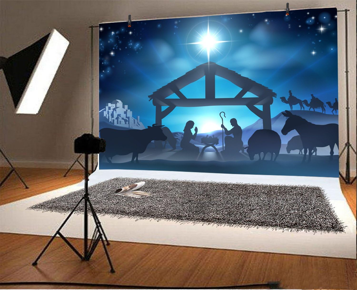 10X8Ft Birth of Jesus Backdrop Christmas Night Manger Nativity Scene Silhouette Background Farm Barn Stable Christianity Photography Prop Studio Photo Booth Props
