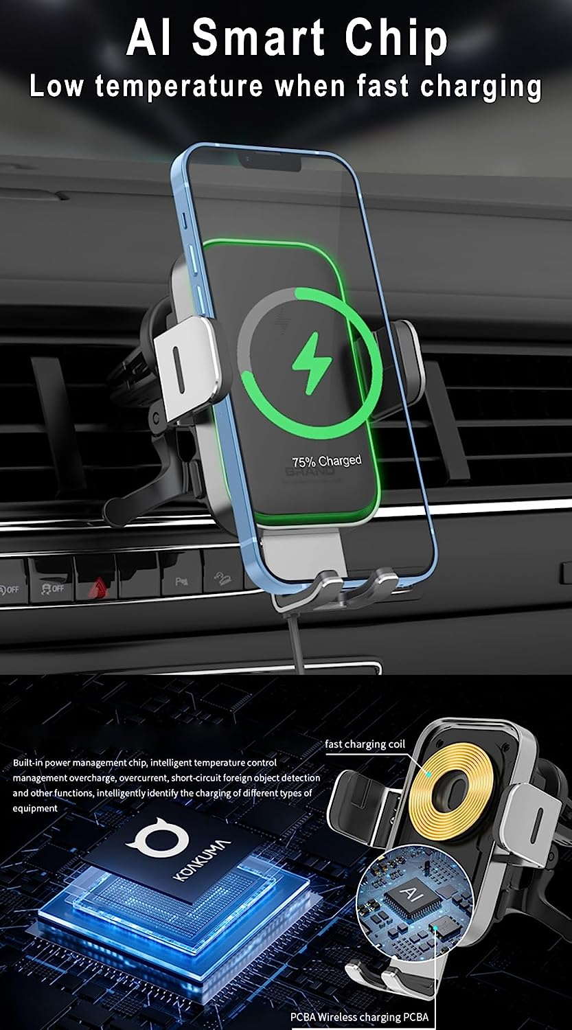 2025 Upgraded Dual Coil Wireless Car Charger Qi 15W Fast Charging Vent Mount Phone Holder Smart Sensor Auto Alignment Auto Clamping for Iphone 15/14/13/12, Samsung Galaxy Z Flip 4/3 S23 22 (X3) (X3) image number 2