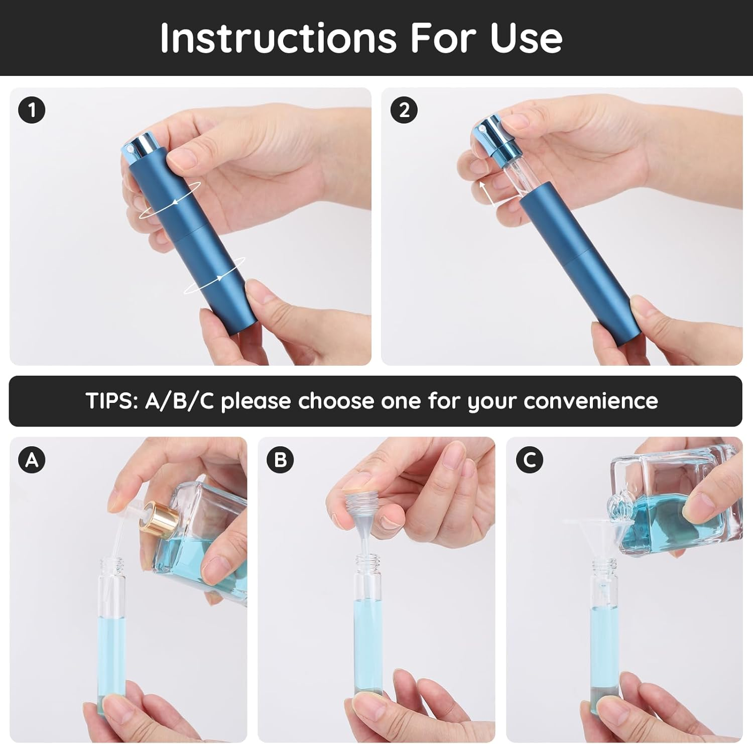 Segbeauty Travel Perfume Refillable Bottle, Perfume Atomiser, 2Pcs 10Ml Scent Perfume Dispenser, Portable Perfume Spray Bottle, Perfume Container Leakproof for Party, Date (Black, Blue) image number 3