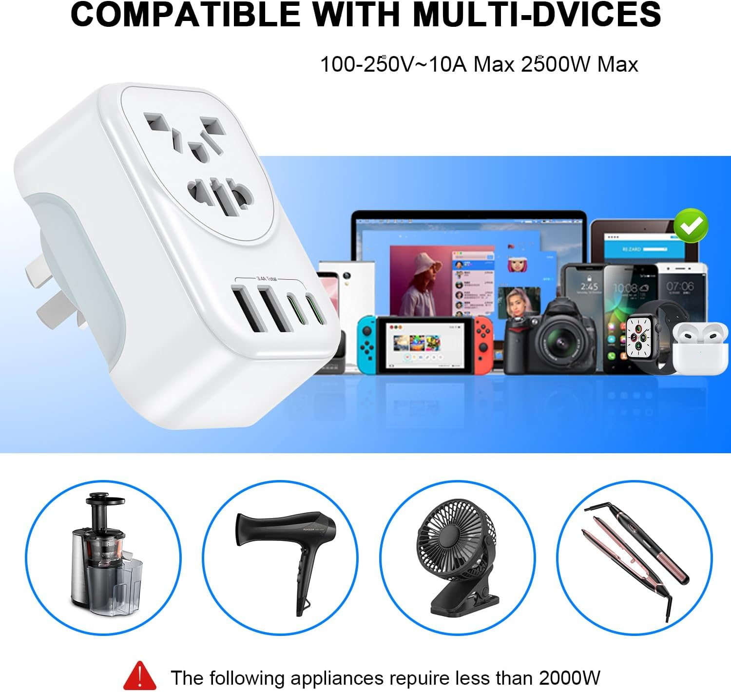 UK/US/JP/CA/EU to AU/NZ Adaptor Plug with Insulated Pins, Universal Plug Convert to 3-Pin Australian/New Zealand/China Socket with 2USB-A and 2USB-C Multi-Port Travel Power Adapter image number 3