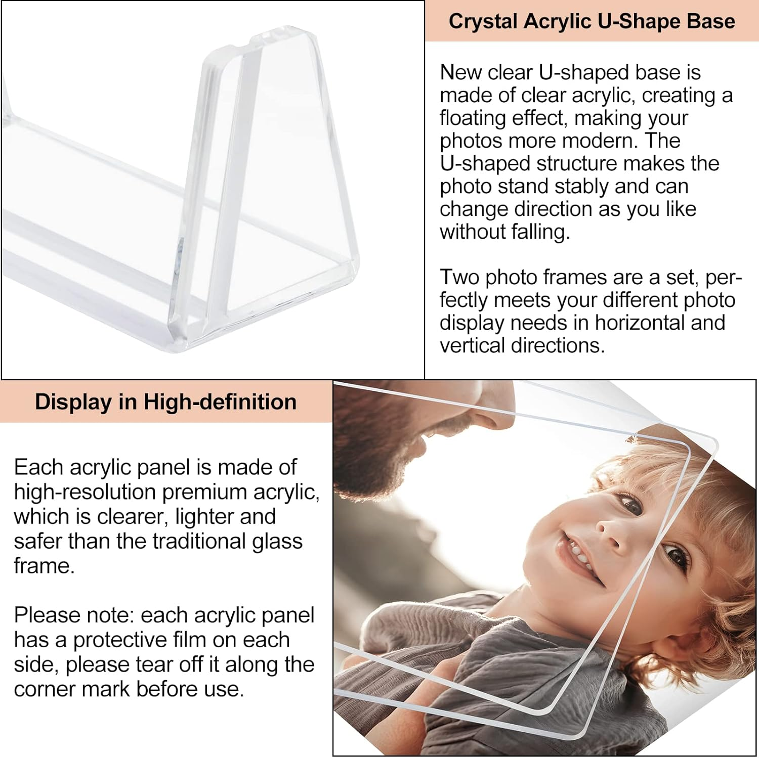 Boxalls 2 Pack Acrylic Picture Frames 6X8 with Clear Base Stand, Frameless Photo Frame for Tabletop or Desktop Display (Horizontal + Vertical) image number 3
