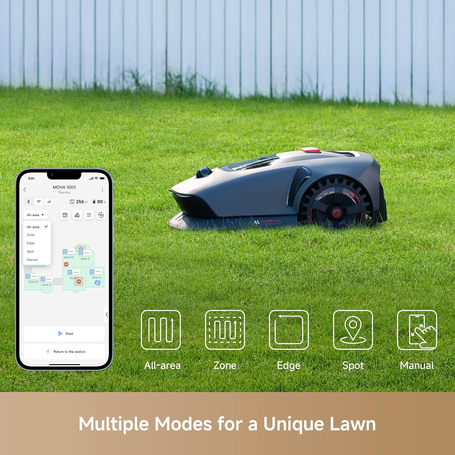 MOVA 1000 Robotic Lawn Mower, Ultraview Wire-Free Setup and Accurate Mapping up to 1,000M&sup2;, Smart Obstacle Avoidance, App Control, Enhanced Off-Road Wheels, U-Shaped Cutting, Fast Charging image number 2