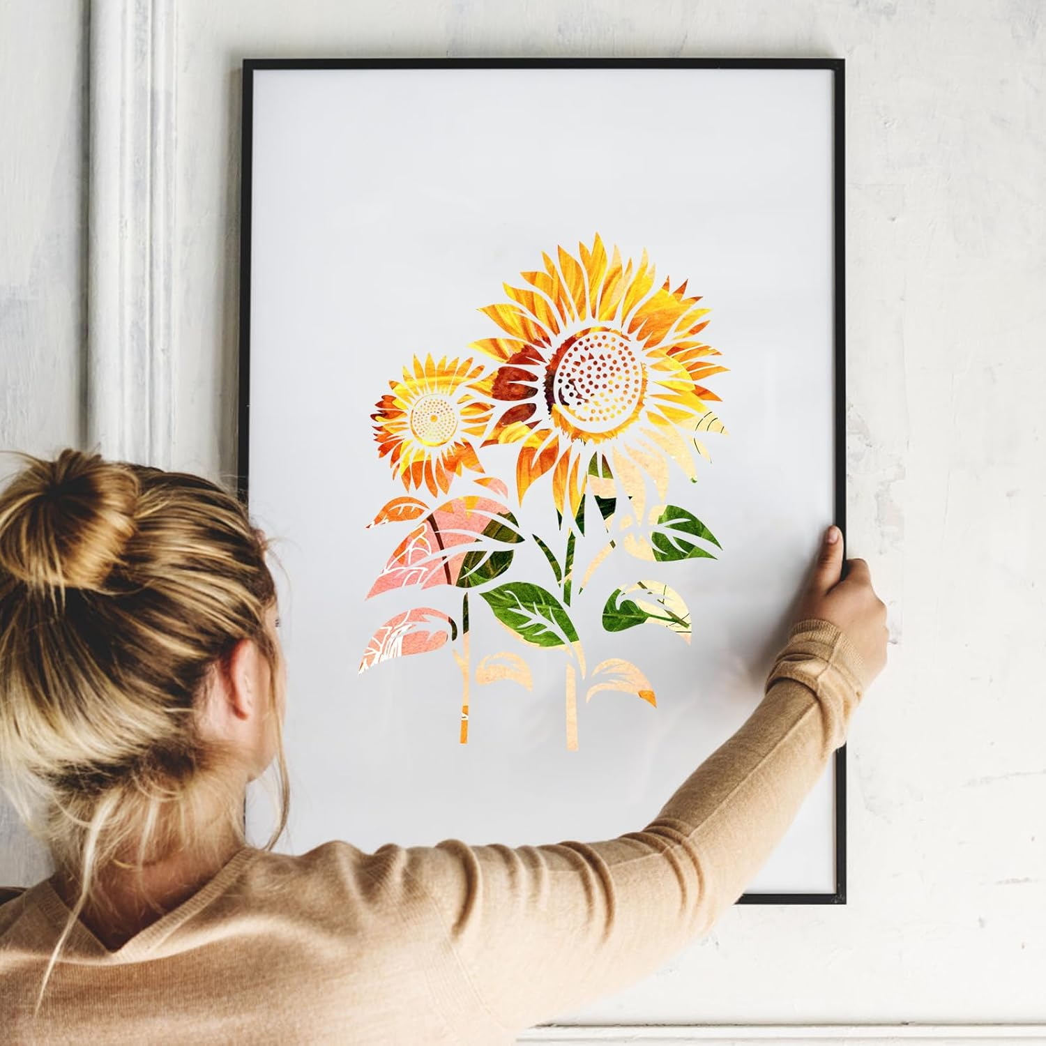 6Pcs Daisy and Sunflower Stencils, 16X11.73 Inch Large Flower Stencil for Painting Reusable Floral Plant Drawing Templates for Crafts Canvas Fence Wall Art Decor image number 4