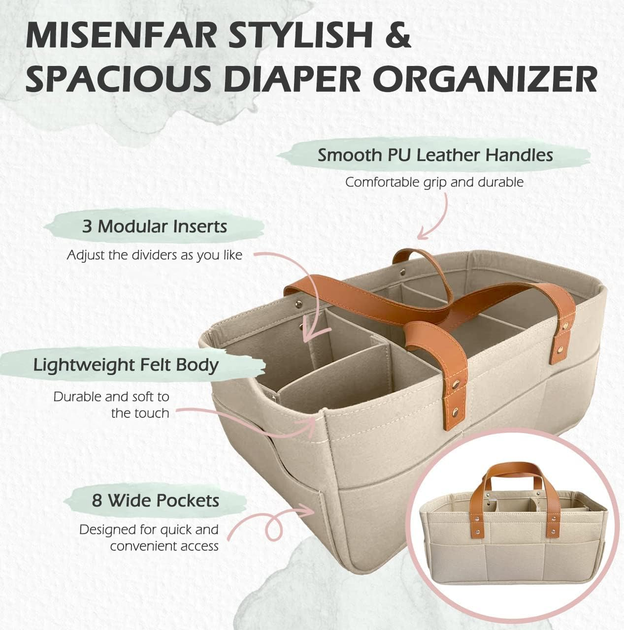 Misenfar Baby Diaper Caddy Organizer, Large Baby Nappy Caddy Storage Basket, Portable Caddy Organizer with 3 Removable Dividers, Basket for Nursery with Changing Pads & Storage