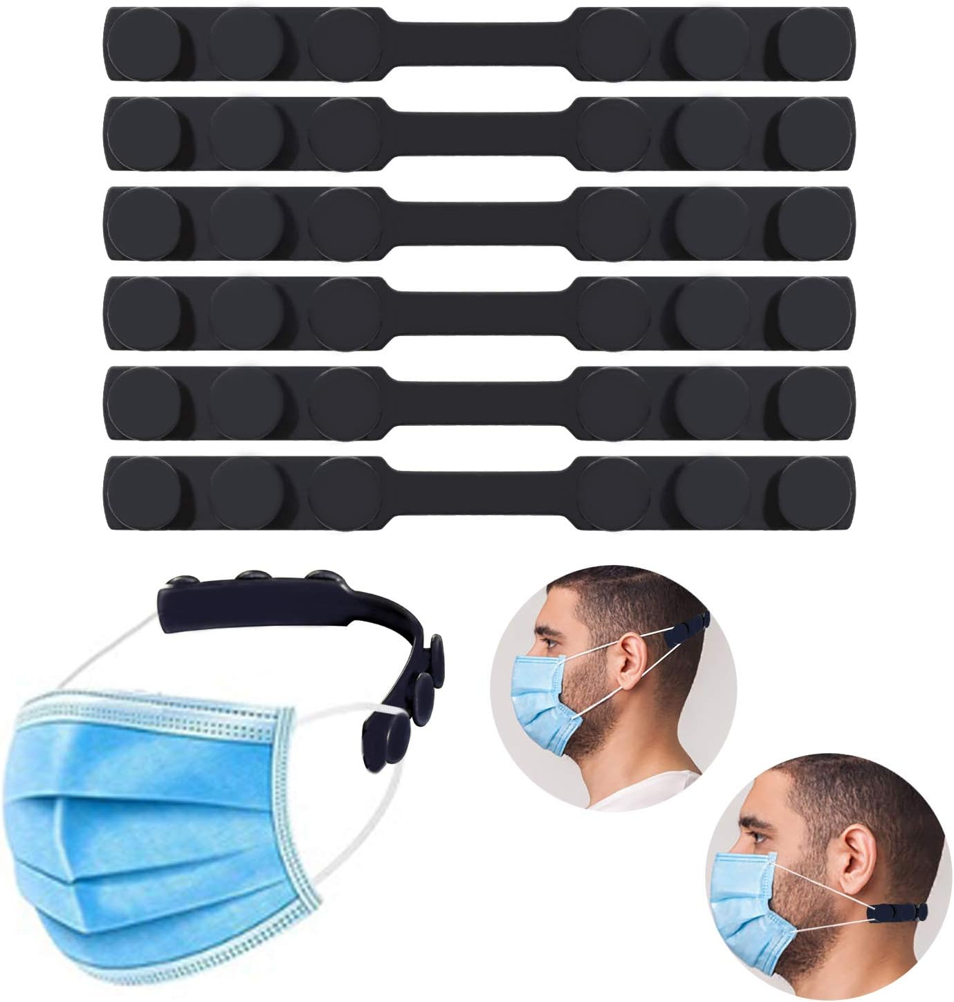 Silicone Extending Hook Belt Ear Strap Mask Holder, Adjustable Anti-Slip for Long-Time Wearing Relief (6PCS) - Black image number 2