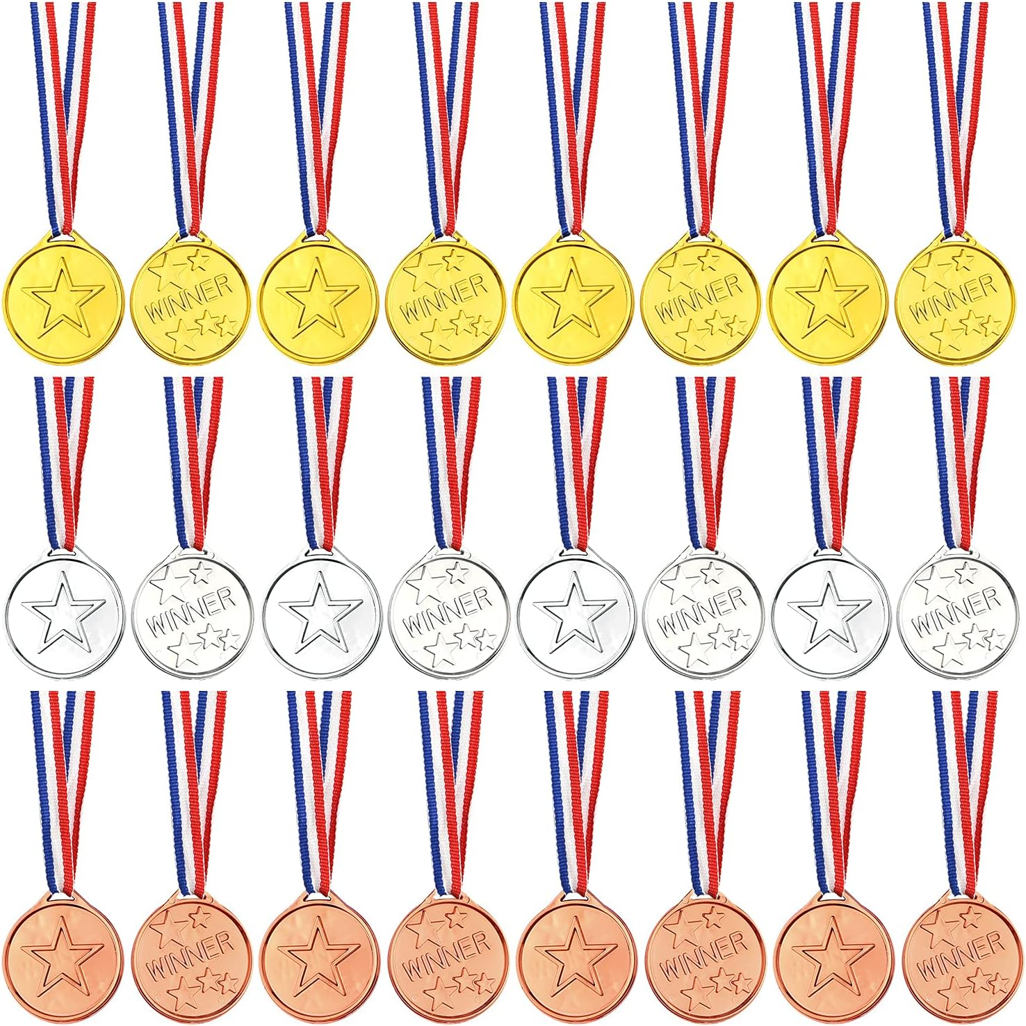 FEPITO 36 Pcs Kids Plastic Gold, Silver & Bronze Medals for Party Favors & Sports Awards