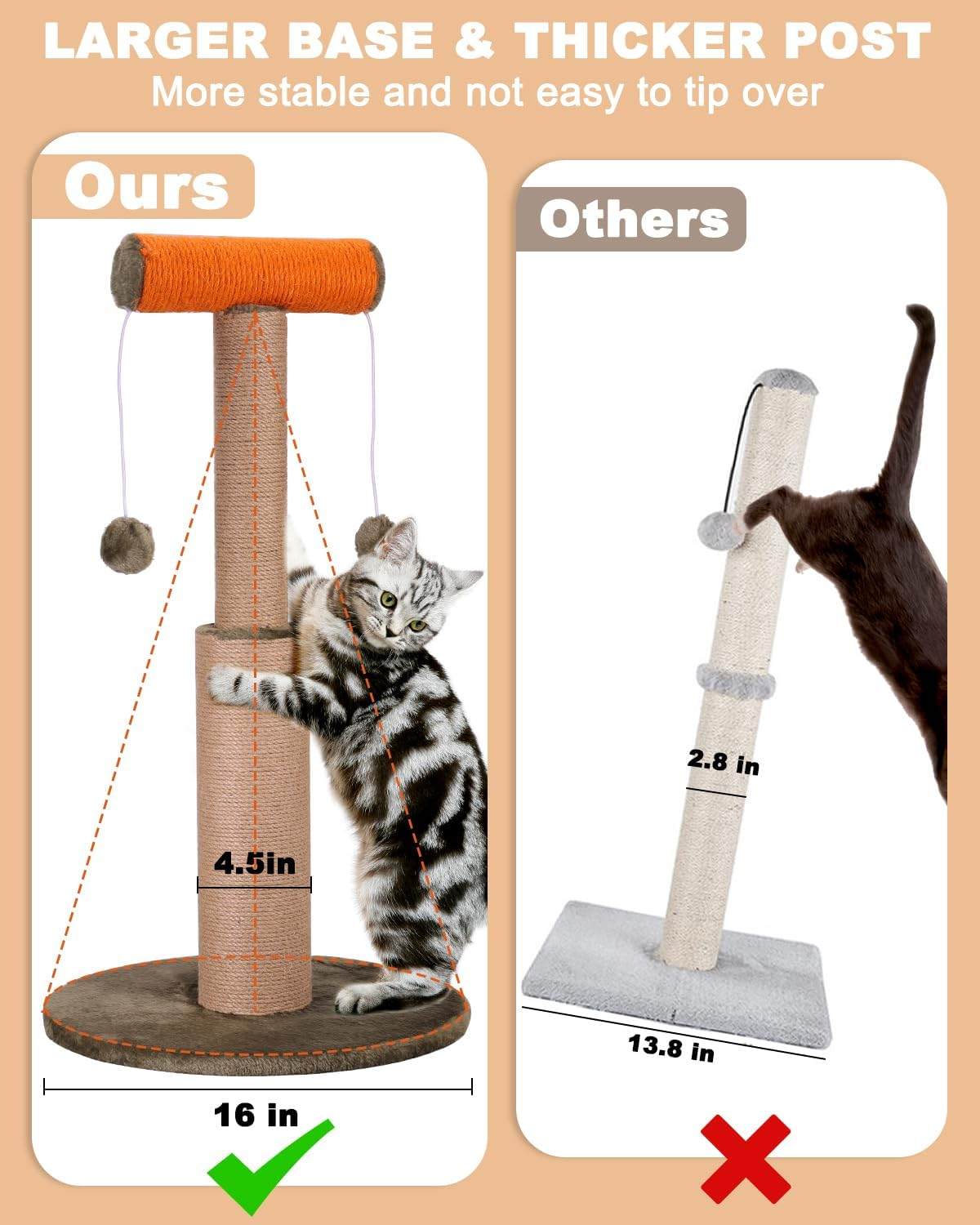 Cat Scratching Post, 29.5&rdquo; Tall Scratch Posts Sisal Scratcher with Hanging Plush Ball Toys for Indoor Adult Cats & Kittens image number 4