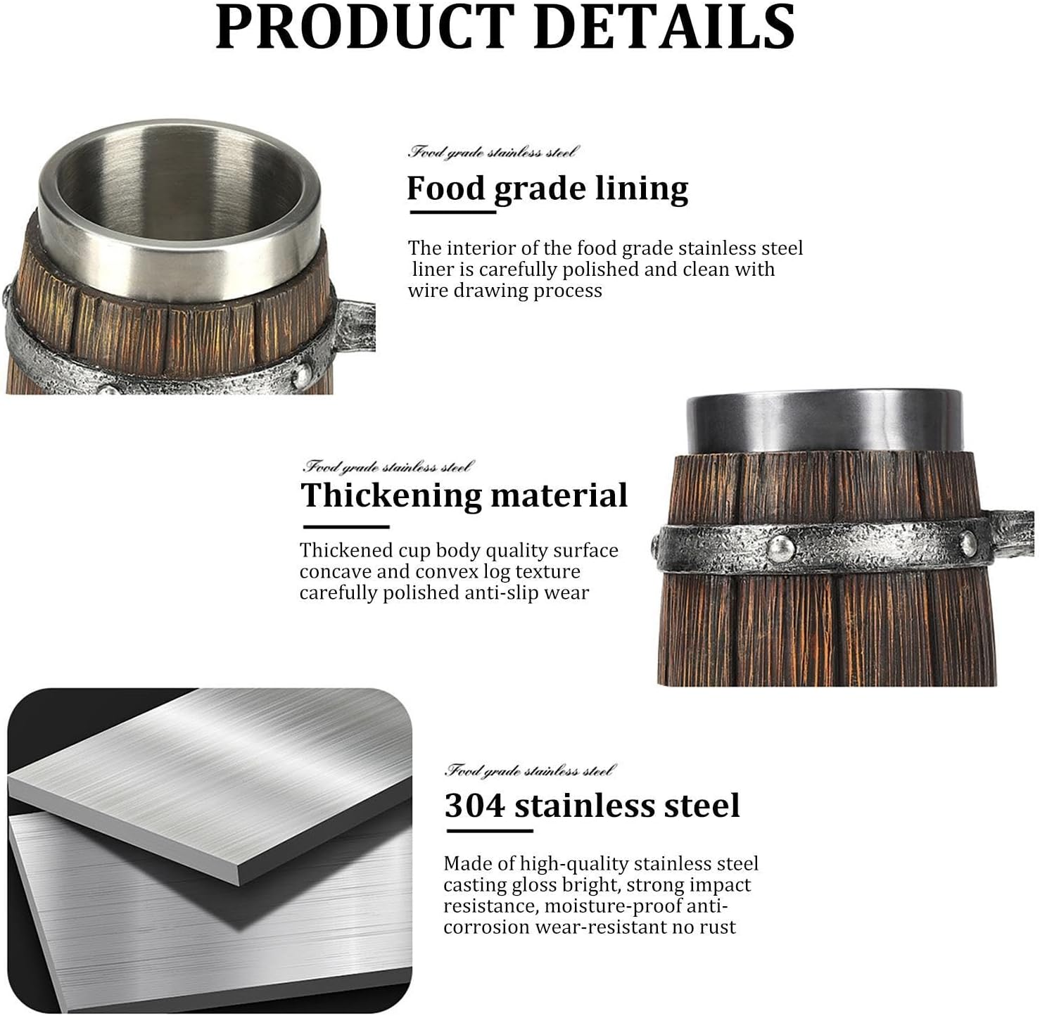 Pirate Stein Beer Stein Beer Mug Funny Large Creative Stainless Steel Large Capacity Bar Mug Vintage Tankard Large Beer Mug 600Ml Wood Stainless Steel Barrel Beer Mug Barrel Beer Mug Coffee Cup Liquor image number 2