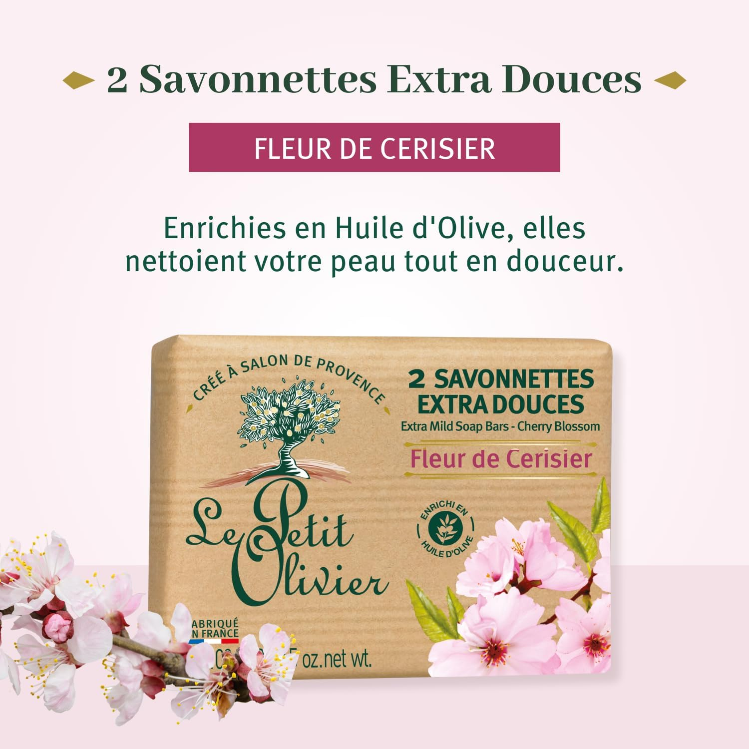 Extra Mild Soap Bars - Cherry Blossom by Le Petit Olivier for Men - 2 X 3.5 Oz Soap - As Shown In The Image