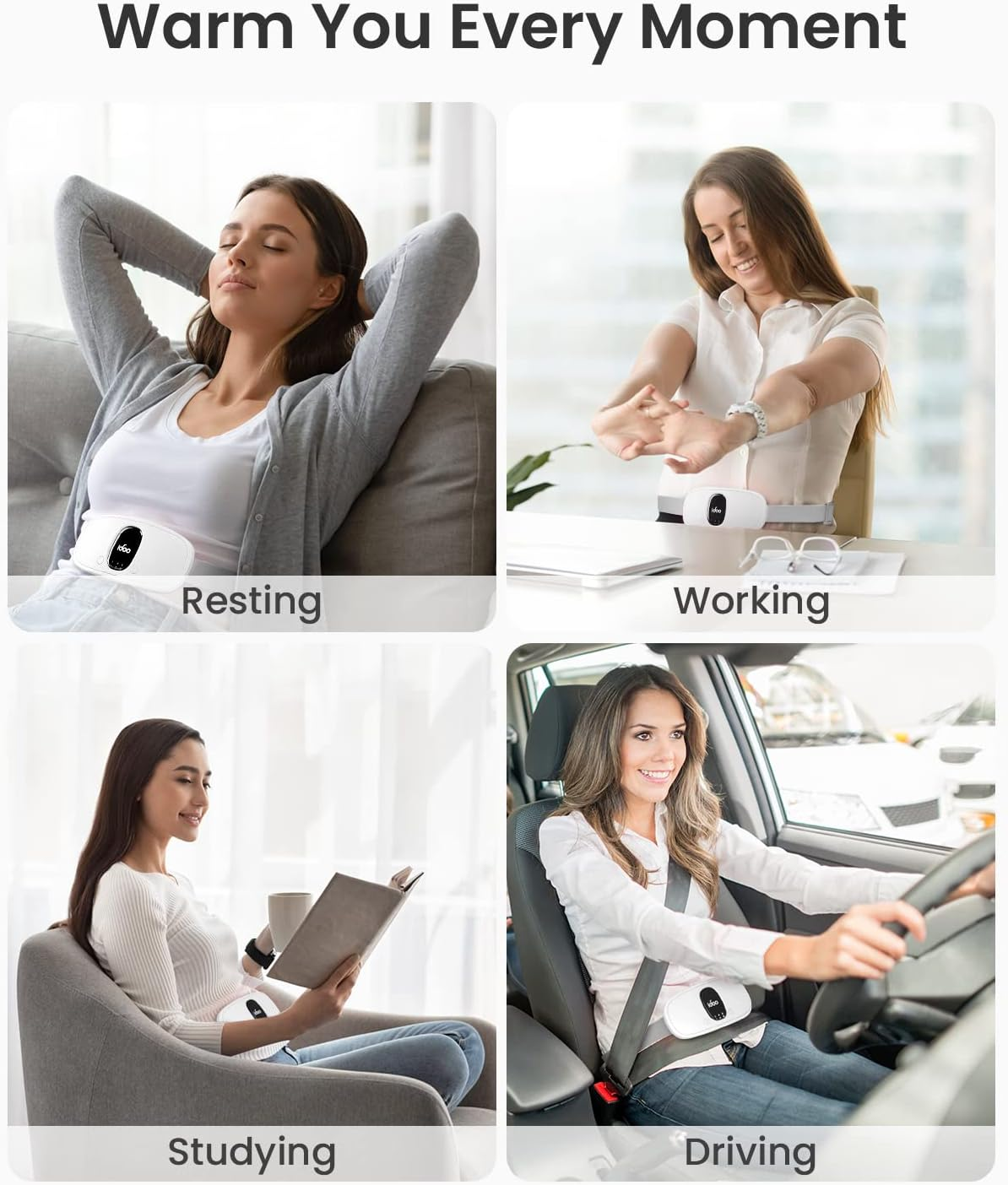 Idoo Heating Pad for Cramps, Cordless Portable Menstrual Heating Pad for Pain Relief with 3 Heat Levels and 3 Vibration Massage Modes, Fast Back or Belly Heating, Ideal Gifts for Women, Girls (White) image number 4