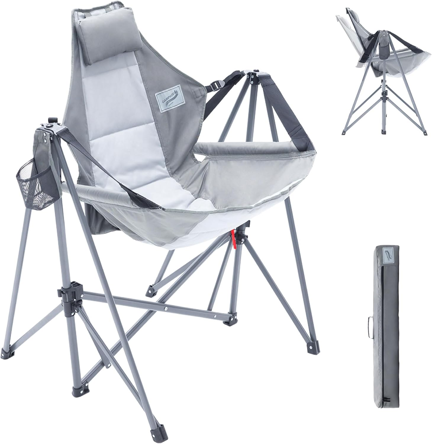 Camphor Designs Portable Swing Hammock Chair | Foldable Recliner Rocking Lounger with Headrest & Drink Holder | Outdoor Sports, Beach, Lawn, Hunting, Tailgating, Fishing | Supports 300Lbs (Grey) image number 6