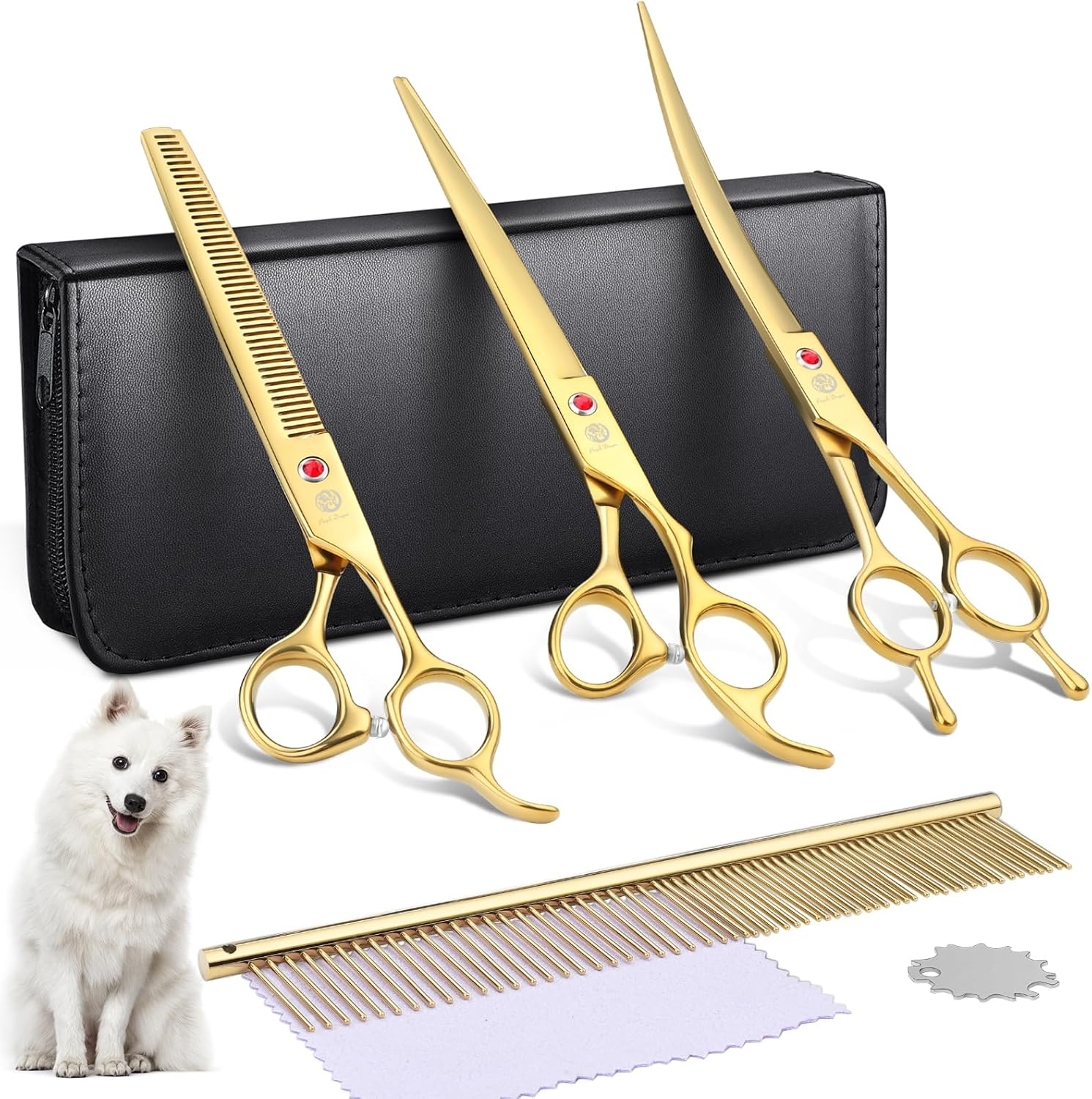 Purple Dragon 8 Inch Dog Scissors Set Professional 3-In-1 Fur Scissors Set for Dogs &ndash; Golden Dog Scissors Set Straight, Serrated and Curved Scissors Are Included for Dogs for Cats and Other Animals