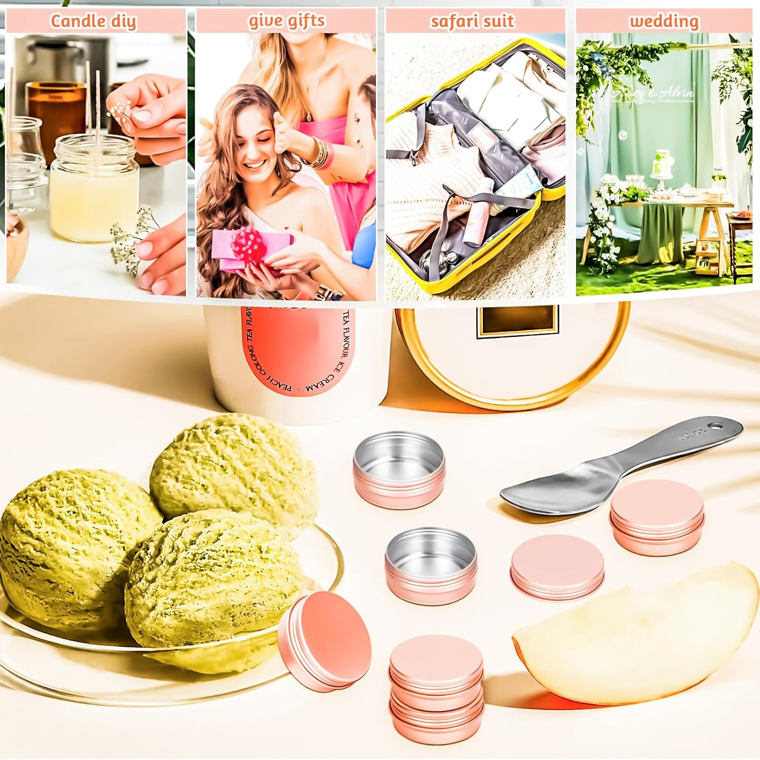 Motbach 12 Pack 0.5Oz Tin Jars, 15Ml Rose Gold Metal Tin Cans, 1/2Ounce Aluminum Tin Can Jar Containers with Lid for Lotion Bars, Balms, Spices, Salve, Beard Balm, Toiletries, Creams, Makeup Cosmetic - Rose Gold 12Pcs image number 6