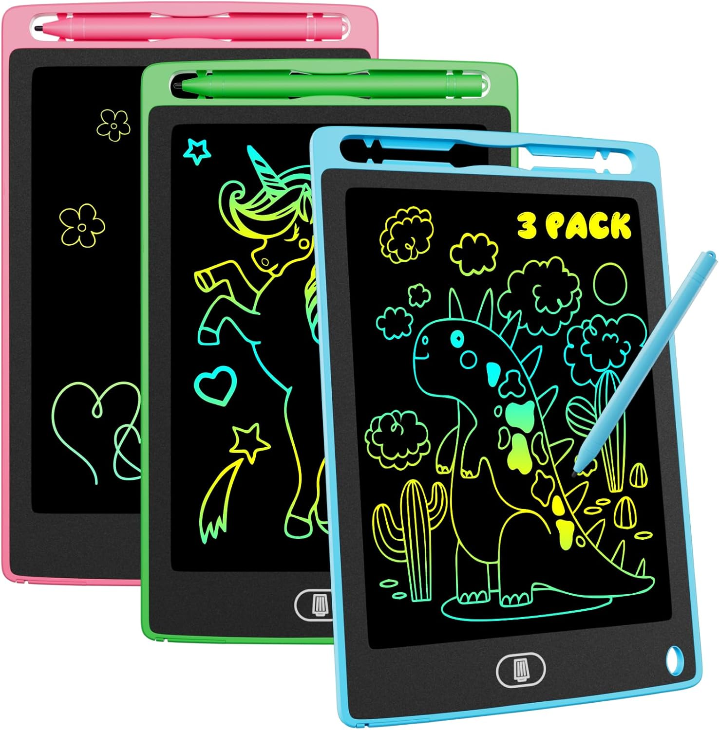 3-Pack LCD Writing Tablet for Kids 8.5 Inch, Colorful Doodle Board Drawing Pad Set, Erasable Electronic Educational Toys for Girls Boys Ages 3-8, Travel-Friendly with Lock Function & Stylus Pens