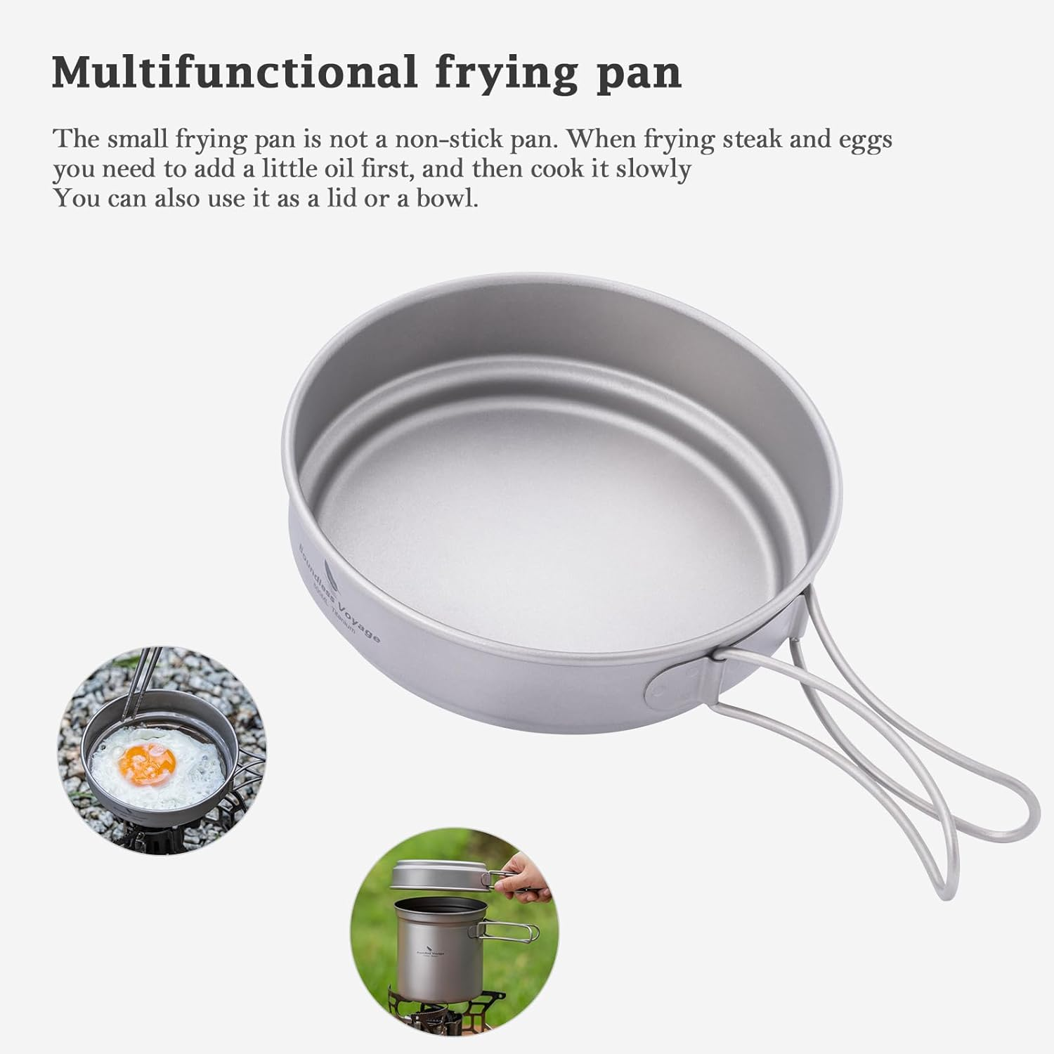 Boundless Voyage Titanium Pots and Pans with Folding Handle Outdoor Camping Soup Pot Bowl Frying Pan Mess Kit Hiking Picnic Travel Backpacking Cookware Tableware Ti1585B 500Ml+900Ml image number 4