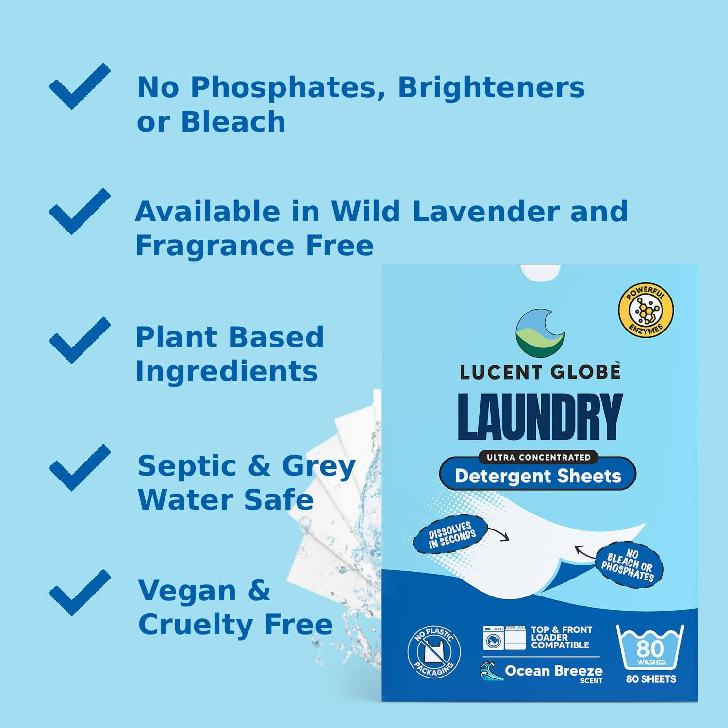 Lucent Globe Sensitive Laundry Detergent Sheets, Plant-Based, Biodegradable, Plastic Free Packaging. (1 Pack of 80 Washes, Ocean Breeze) (4 Pack of 320 Washes, Ocean Breeze) image number 5