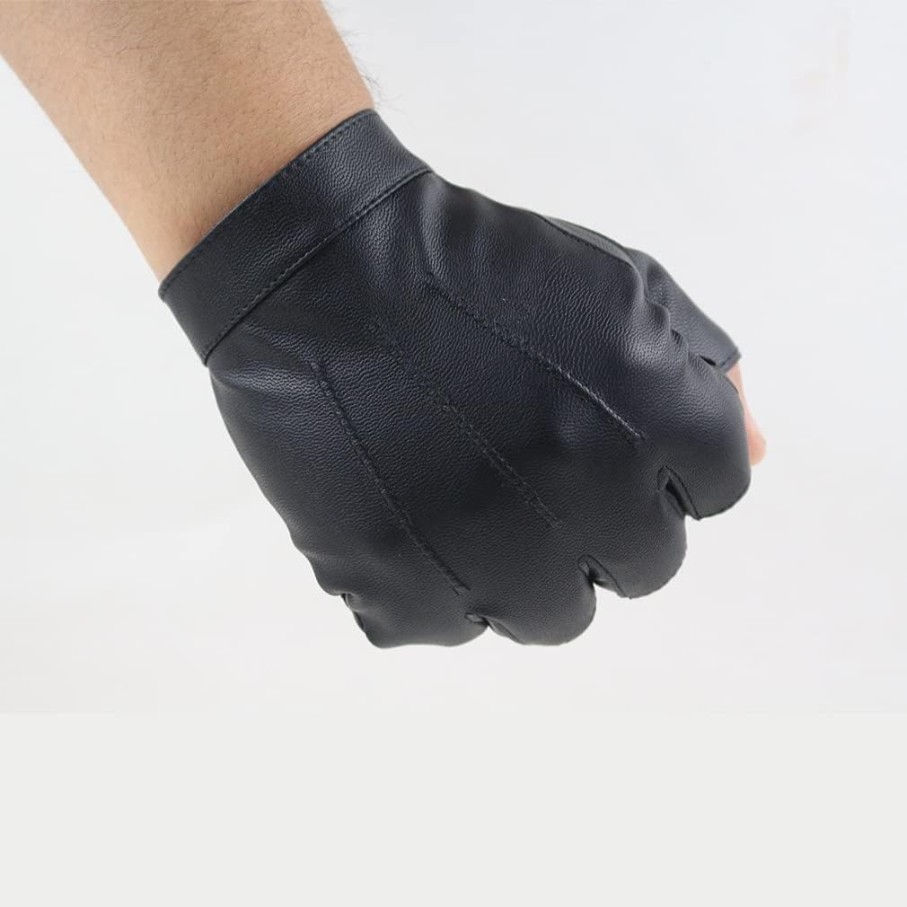Fingerless Leather Men'S Half Finger Gloves Men'S Leather Non-Slip Motorcycle Driving Gloves - Black image number 6