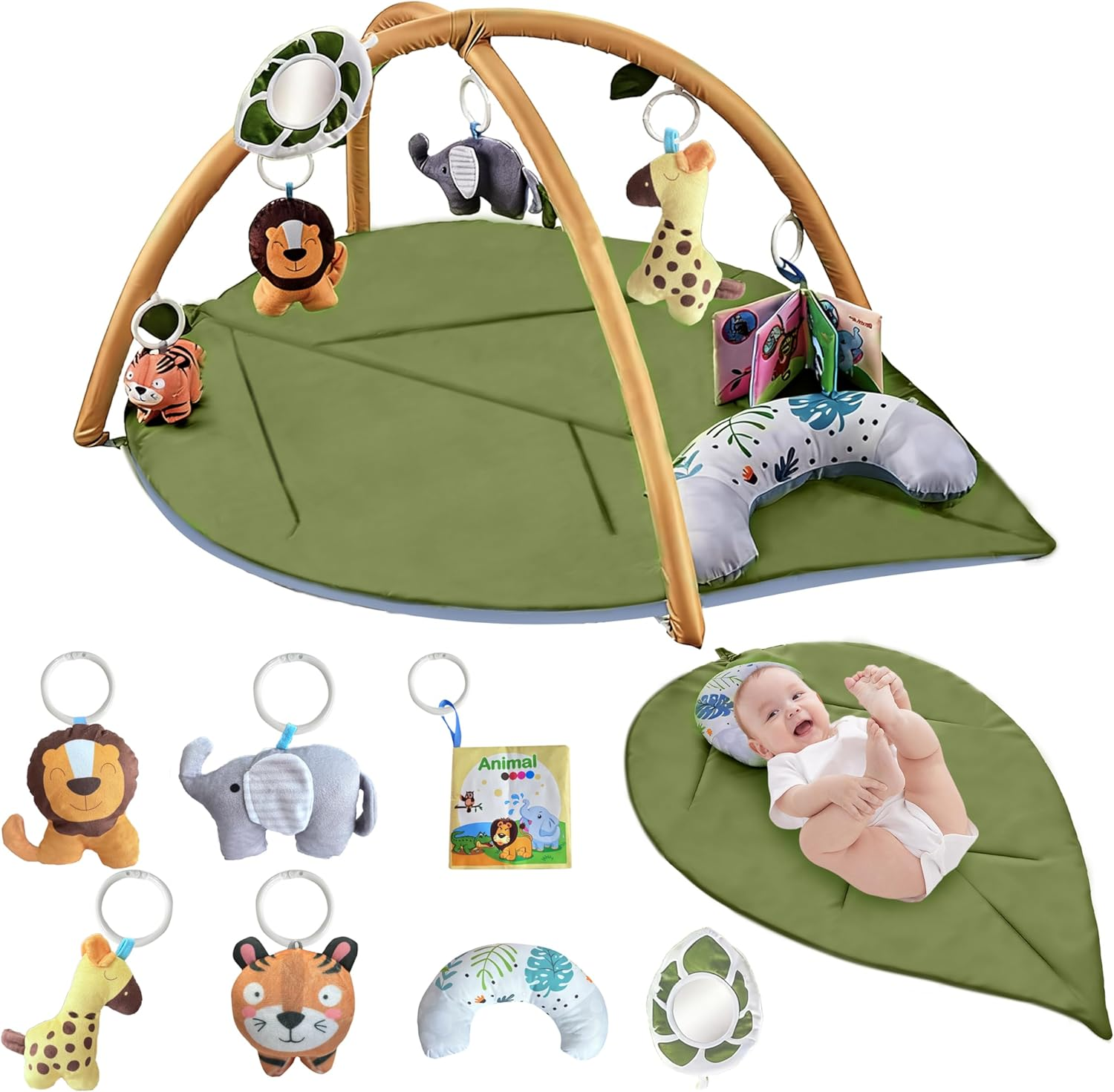 Baby Play Mat, Extra Large Leaf Shaped Tummy Time Mat with 7 Detachable Toys for Newborn Infant Motor Skills & Sensory Development, Ideal & Newborn Essentials image number 3
